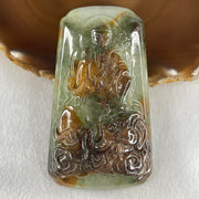 Type A Blueish Green with Brown Jadeite Samantabhadra Bodhisattva Guan Yin on Elephant and Shan Shui Pendant 188.54g with Wooden Stand Display Total 530.1g 122.5 by 91.0 by 156.0mm - Huangs Jadeite and Jewelry Pte Ltd
