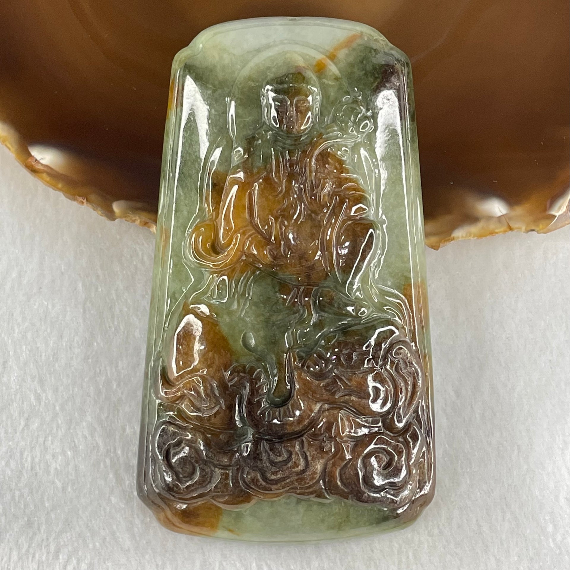 Type A Blueish Green with Brown Jadeite Samantabhadra Bodhisattva Guan Yin on Elephant and Shan Shui Pendant 188.54g with Wooden Stand Display Total 530.1g 122.5 by 91.0 by 156.0mm - Huangs Jadeite and Jewelry Pte Ltd