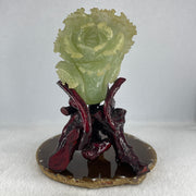 Natural Light Green Serpentine Cabbage Display with Wooden Stand 450.66g 114.5 by 90.0 by 175.0mm - Huangs Jadeite and Jewelry Pte Ltd