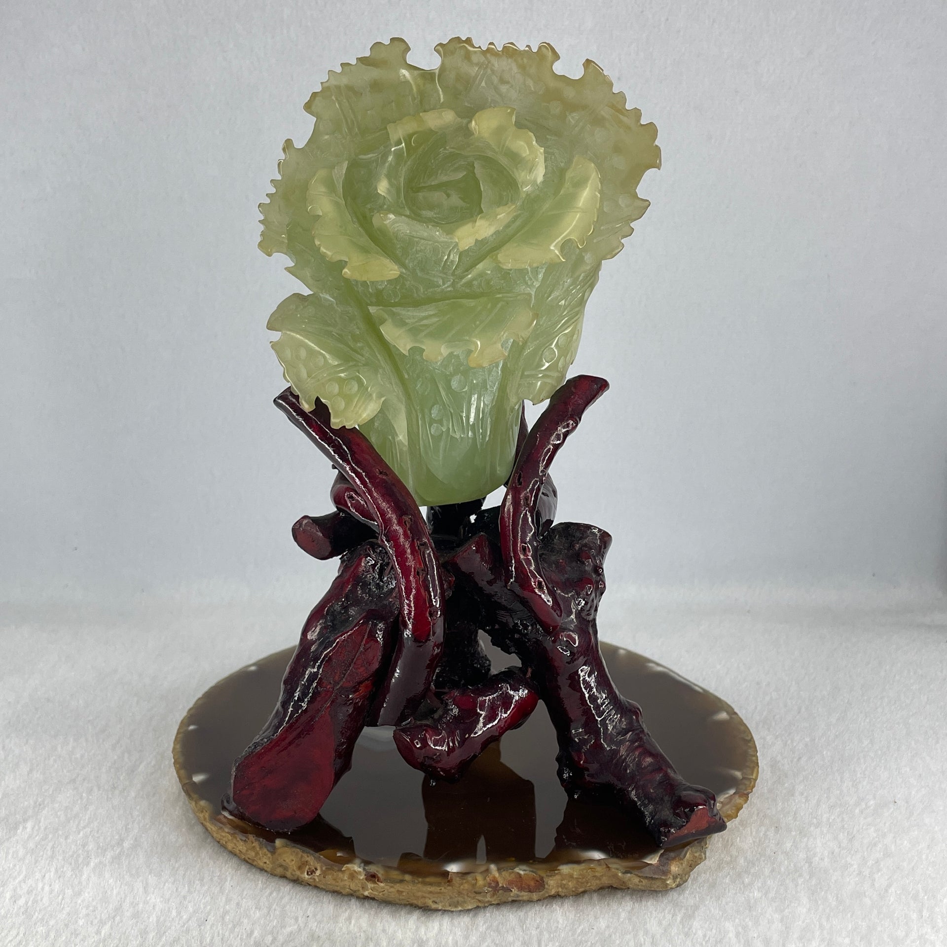 Natural Light Green Serpentine Cabbage Display with Wooden Stand 450.66g 114.5 by 90.0 by 175.0mm - Huangs Jadeite and Jewelry Pte Ltd
