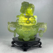 Natural Jelly Light Green Serpentine Pixiu Incense Burner with Wooden Stand Display 1,364.0 by 178.0 by 110.0 by 205.0mm - Huangs Jadeite and Jewelry Pte Ltd