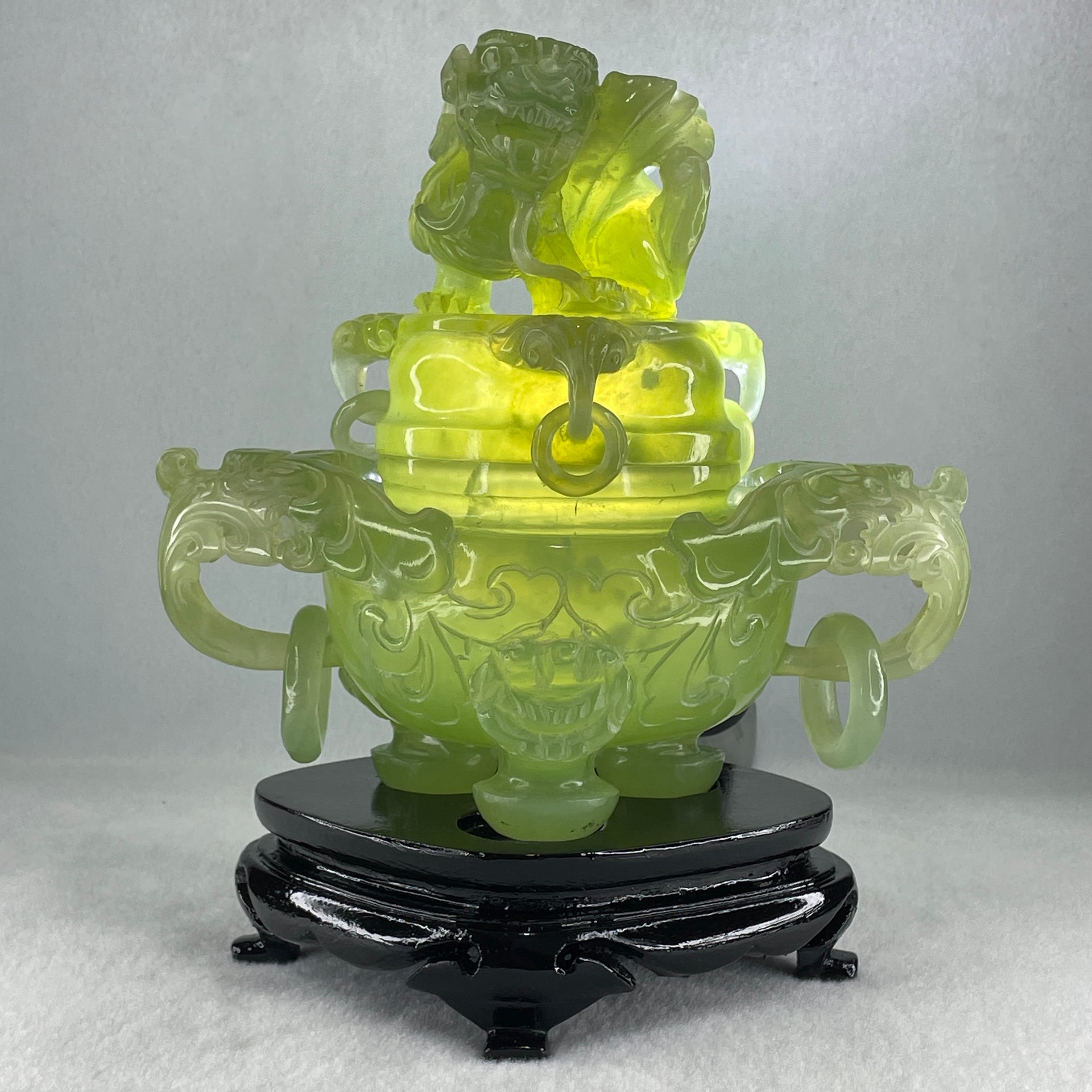 Natural Jelly Light Green Serpentine Pixiu Incense Burner with Wooden Stand Display 1,364.0 by 178.0 by 110.0 by 205.0mm - Huangs Jadeite and Jewelry Pte Ltd