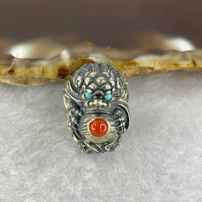 925 Sliver Dragon with Turquoise Eyes and Red Nan Hong Agate Bracelet Charm 7.09g 17.5 by 13.1 by 15.0mm - Huangs Jadeite and Jewelry Pte Ltd