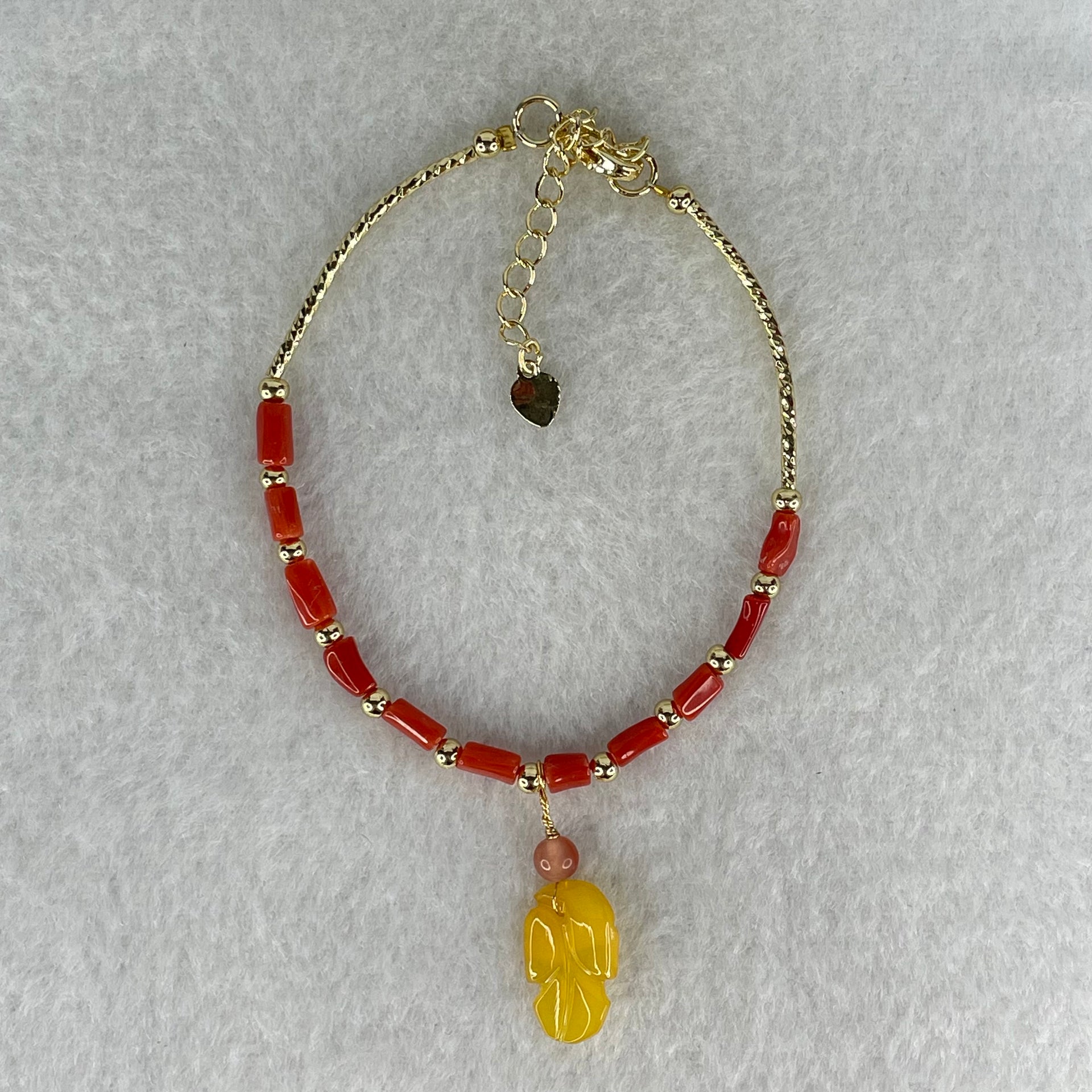 Natural Red Coral with Natural Butterscotch Amber Leaf Charm in Gold Color Bracelet 3.74g 6.2 by 2.6mm 11pcs - Huangs Jadeite and Jewelry Pte Ltd
