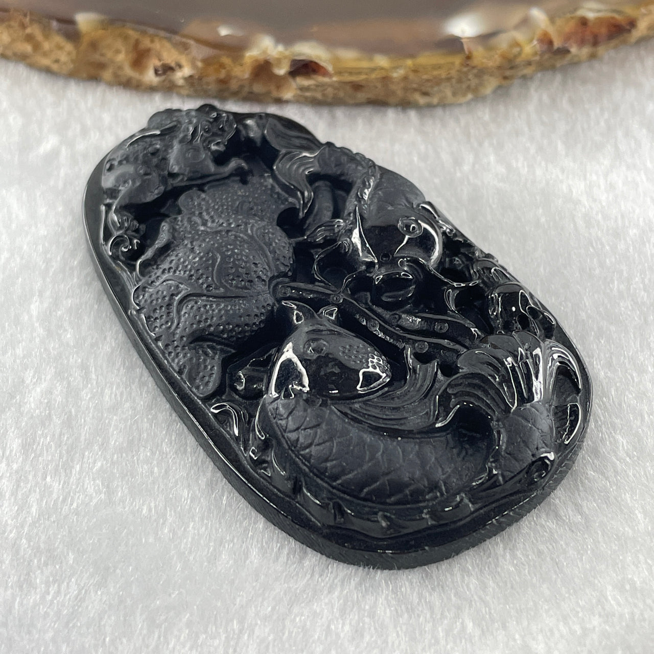 Type A Opaque to Partial Translucent Black Omphacite Jadeite Double Fish with 3 Legged Toad Chan Chu and Lotus Leaf Pendant 29.80g 62.6 by 36.5 by 8.9mm - Huangs Jadeite and Jewelry Pte Ltd