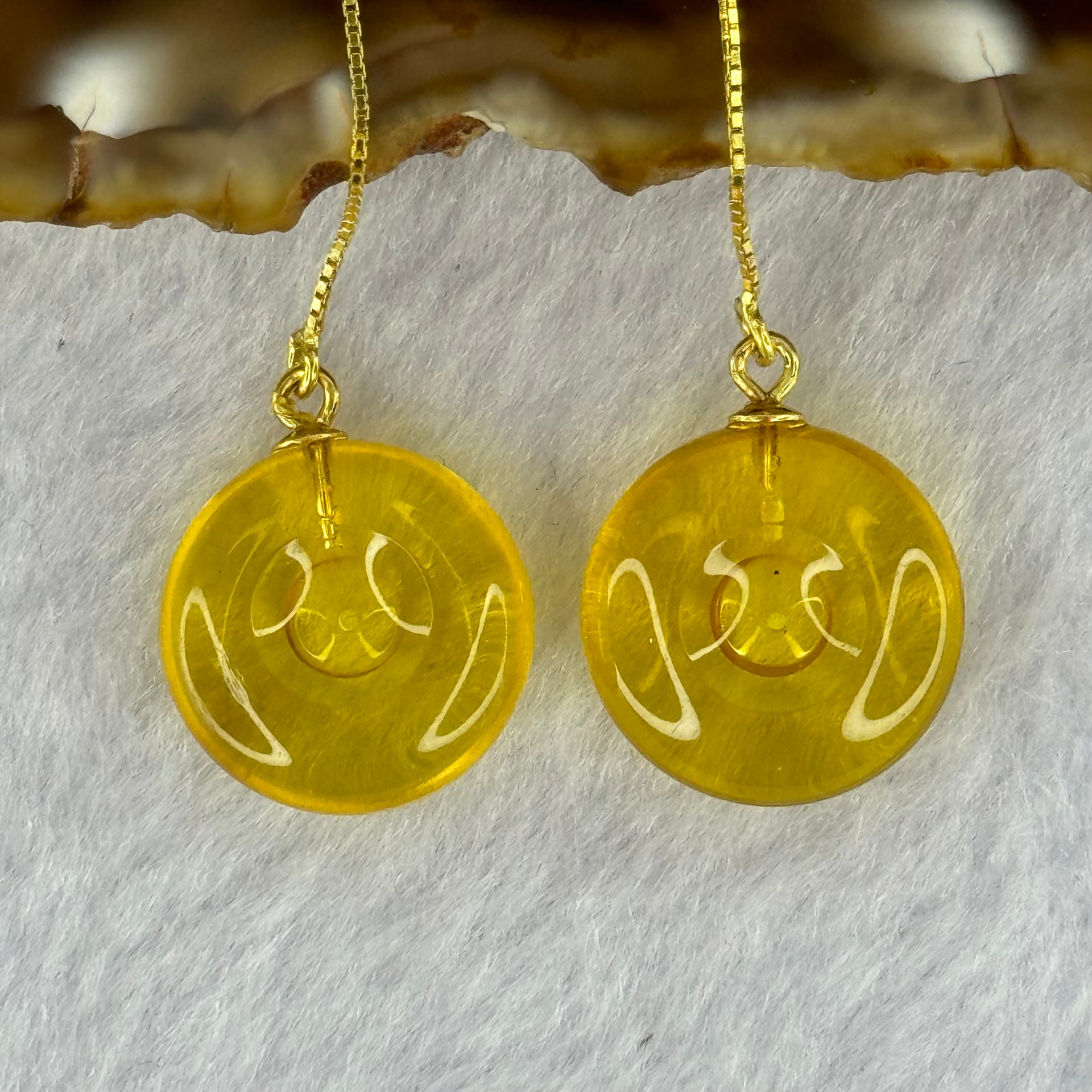 Natural Golden Yellow Amber Ping An Kou Donut Silver in Gold Color Earrings 2.36g 15.0 by 6.7mm - Huangs Jadeite and Jewelry Pte Ltd