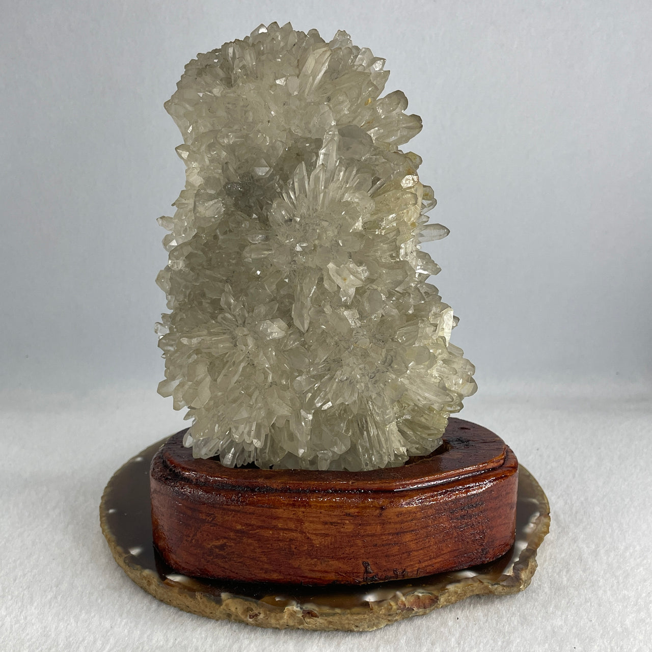 Natural Clear Quartz Crystal Cluster Display with Wooden Stand 705.70g 119.0 by 66.5 by 160.0mm - Huangs Jadeite and Jewelry Pte Ltd