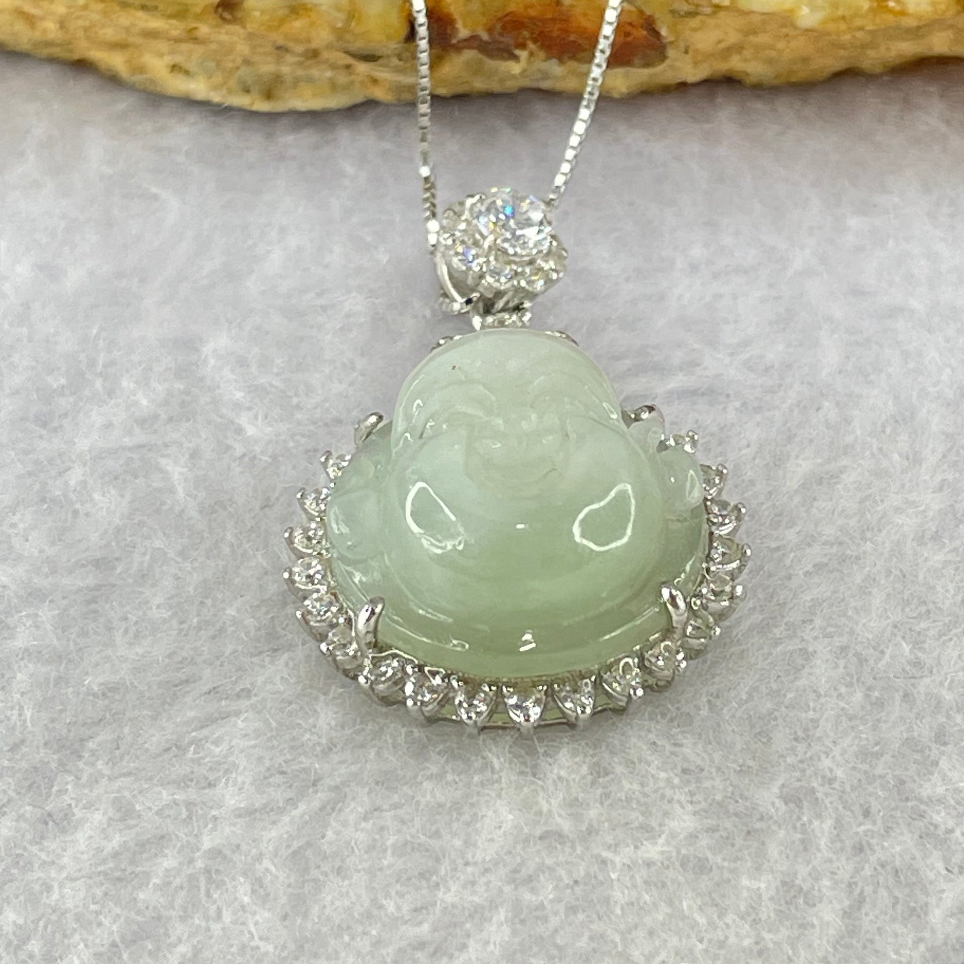 Type A Faint Green Lavender Milo Buddha with Crystals in S925 Sliver Pendant and Necklace 7.16g 16.5 by 16.5 by 9.4mm - Huangs Jadeite and Jewelry Pte Ltd