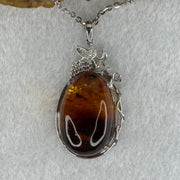 Natural Amber with Cubic Zirconia in S925 Sliver Necklace 15.05g 30.8 by 19.4 by 15.1mm - Huangs Jadeite and Jewelry Pte Ltd