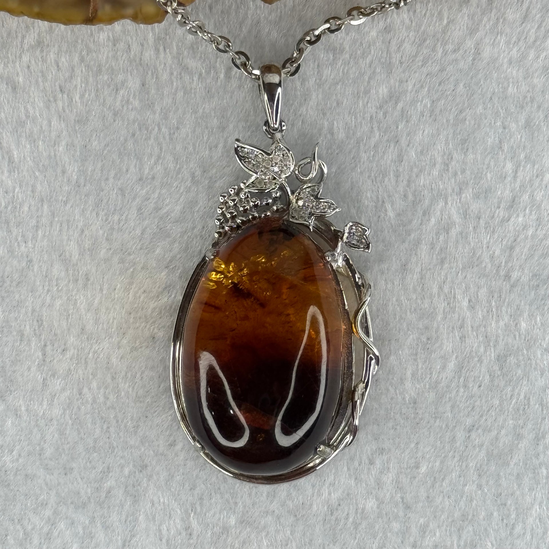 Natural Amber with Cubic Zirconia in S925 Sliver Necklace 15.05g 30.8 by 19.4 by 15.1mm - Huangs Jadeite and Jewelry Pte Ltd