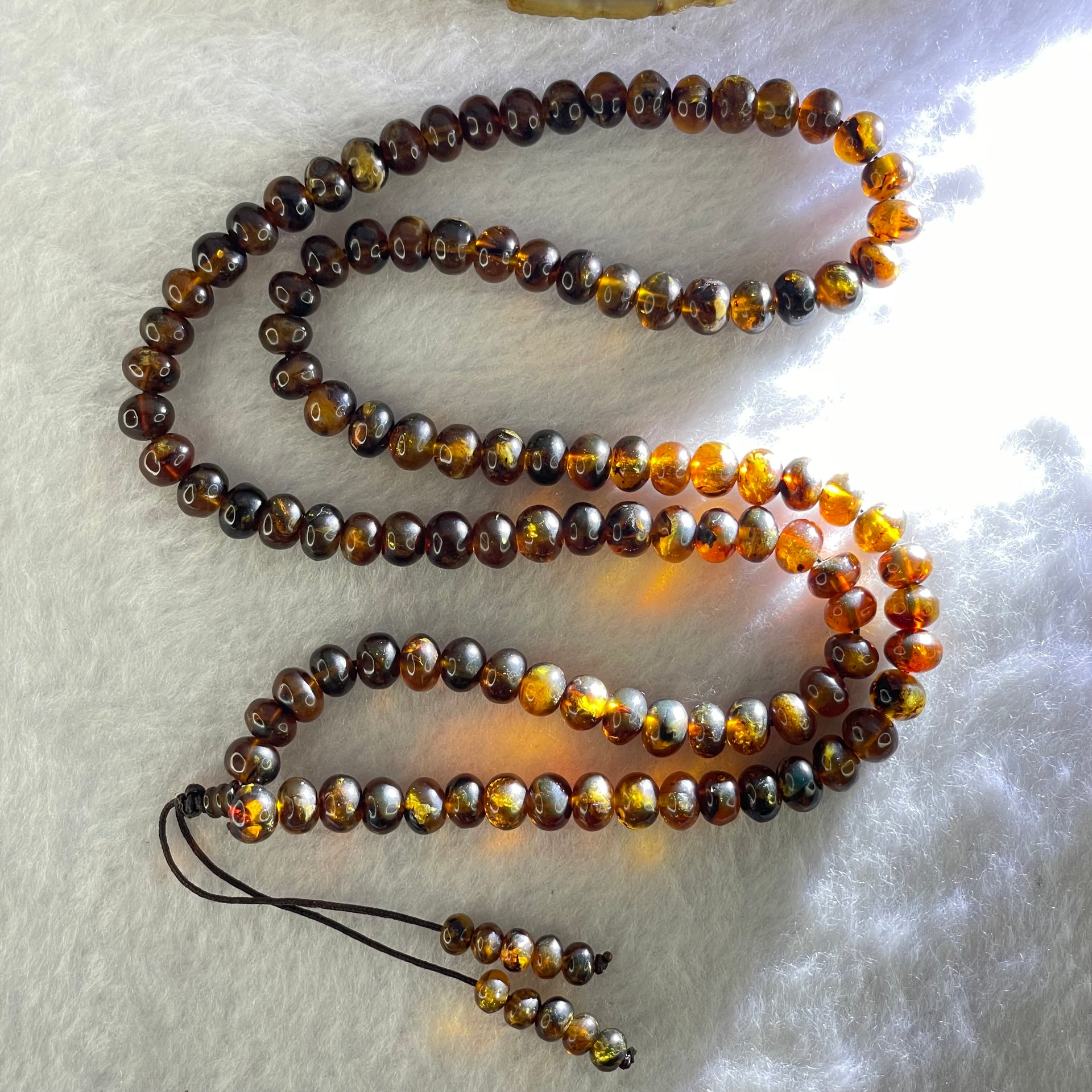 Natural Dark Brownish Yellow Flower Amber Beads Necklace 天然花珀项链 12.58g 58cm 6.6mm 109 Beads - Huangs Jadeite and Jewelry Pte Ltd