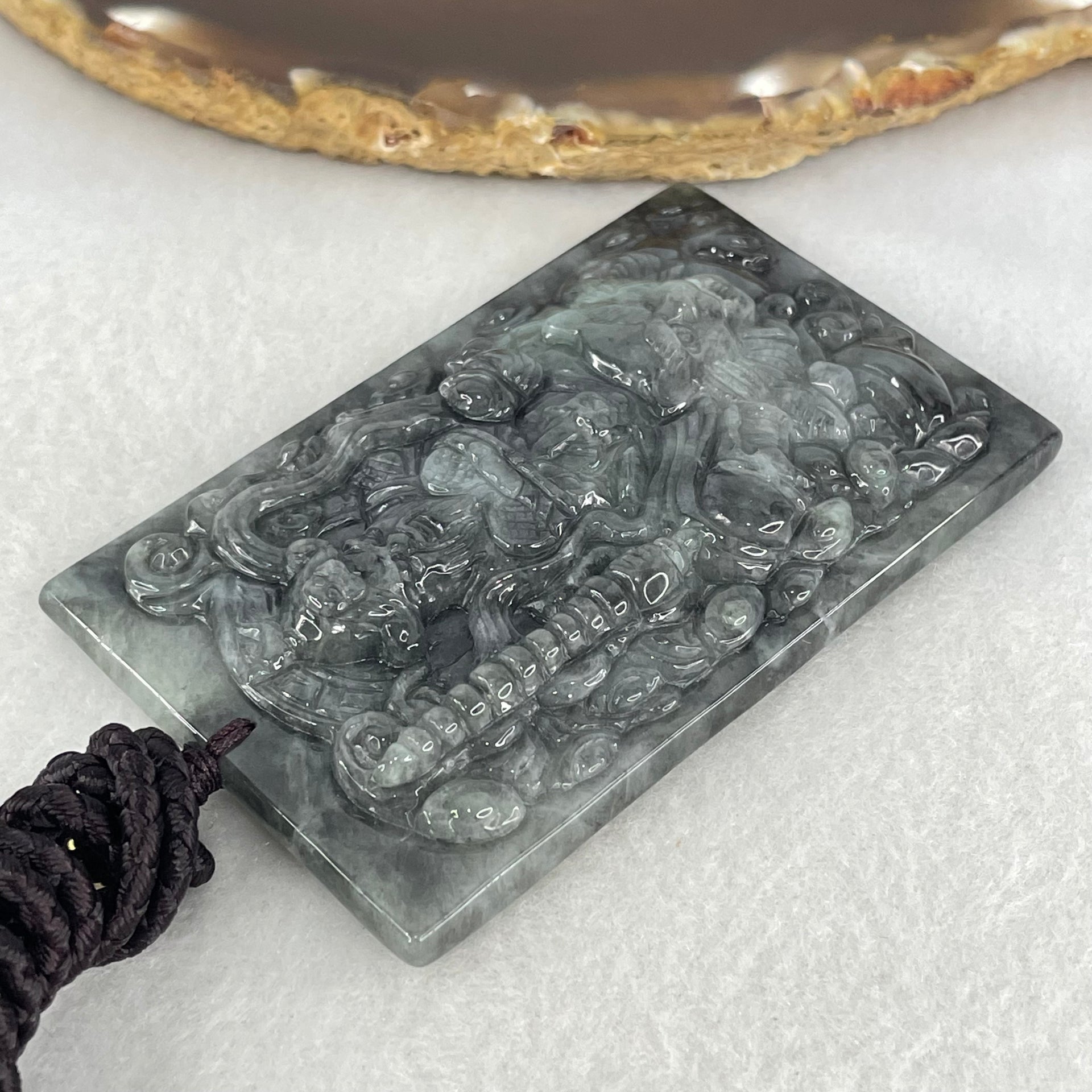 Type A Wuji Black with Light Green Jadeite Zhao Gong Yuashuai God Of Wealth Pendant 70.89g 72.9 by 5.9 by 11.2mm - Huangs Jadeite and Jewelry Pte Ltd