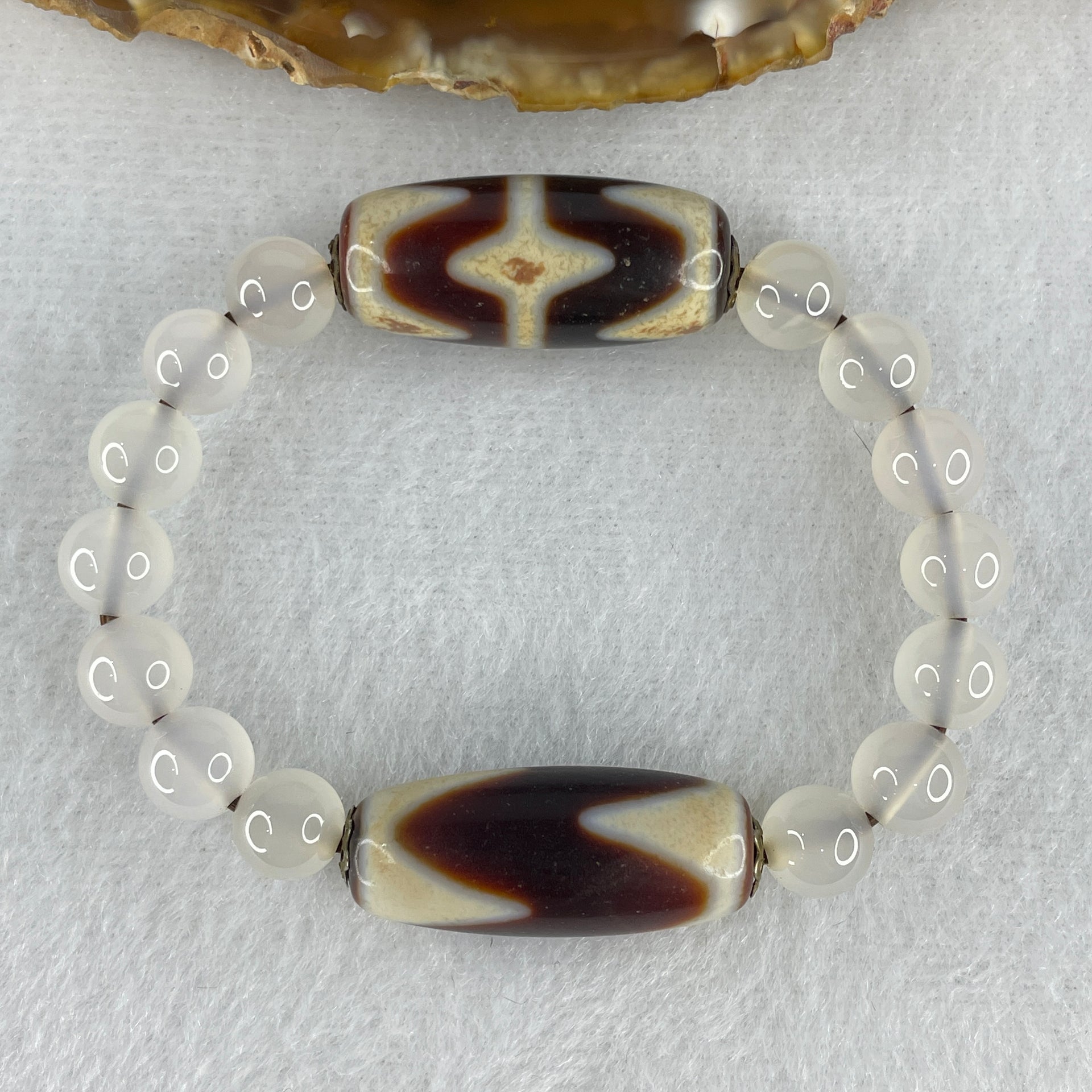Natural Powerful Tibetan Old Oily Agate Tiger Tooth Daluo Dzi Bead Heavenly Master (Tian Zhu) with White Agate Beads Bracelet 24.84g 14cm 29.8 by 13.0mm Double Tiger Tooth - 29.5 by 12.3 Tiger Tooth - Huangs Jadeite and Jewelry Pte Ltd