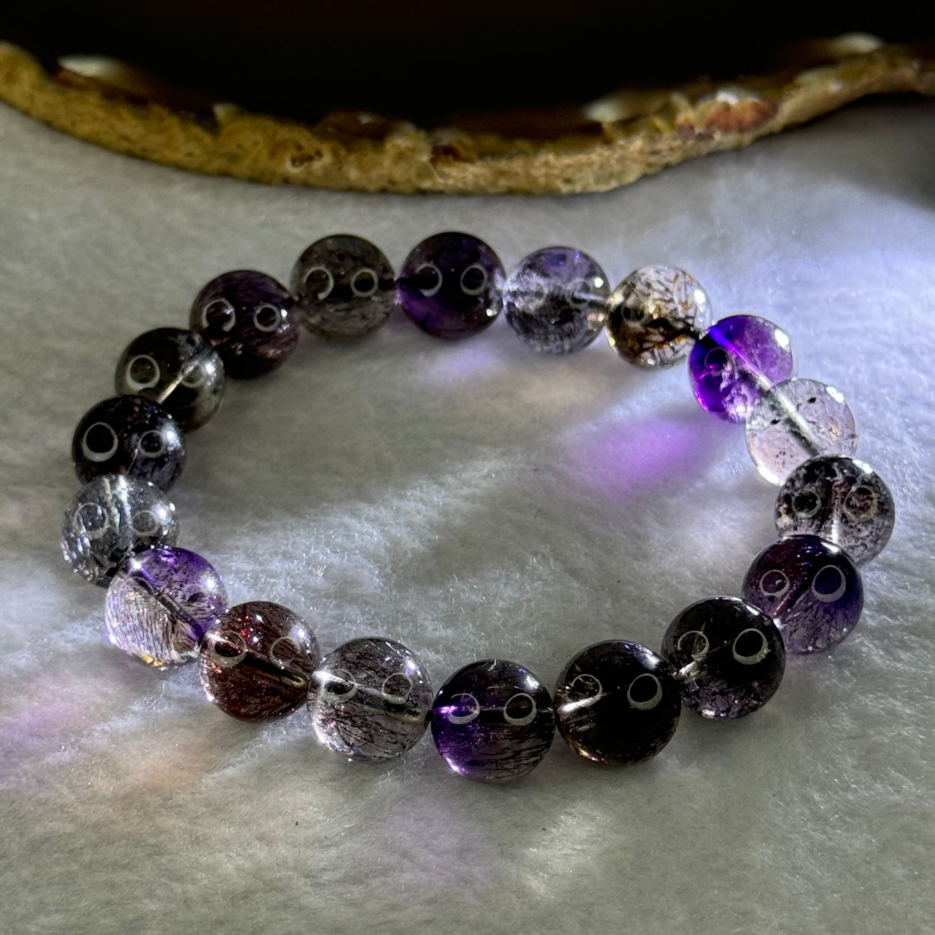 Very Good Grade Natural Transparent Dark Black Super 7 Beads Bracelet 非常好的等级天然透明深黑色超级七珠手链 39.27g 18cm 11.8mm 18 Beads - Huangs Jadeite and Jewelry Pte Ltd