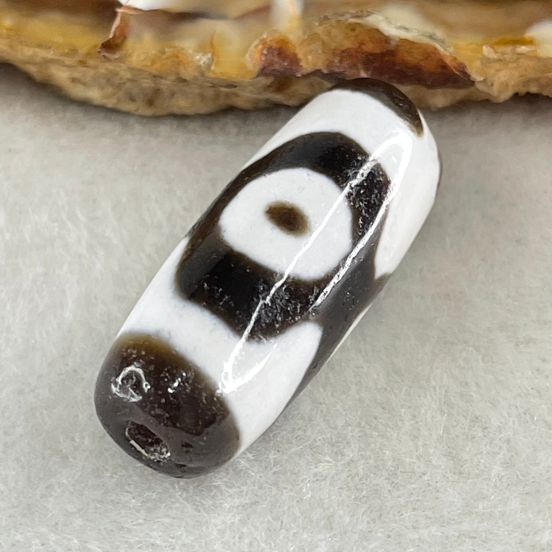 Natural Powerful Tibetan Old Oily Agate 3 Eyes Dzi Bead Heavenly Master (Tian Zhu) 三眼天诛 4.99g 27.6 by 10.8mm - Huangs Jadeite and Jewelry Pte Ltd