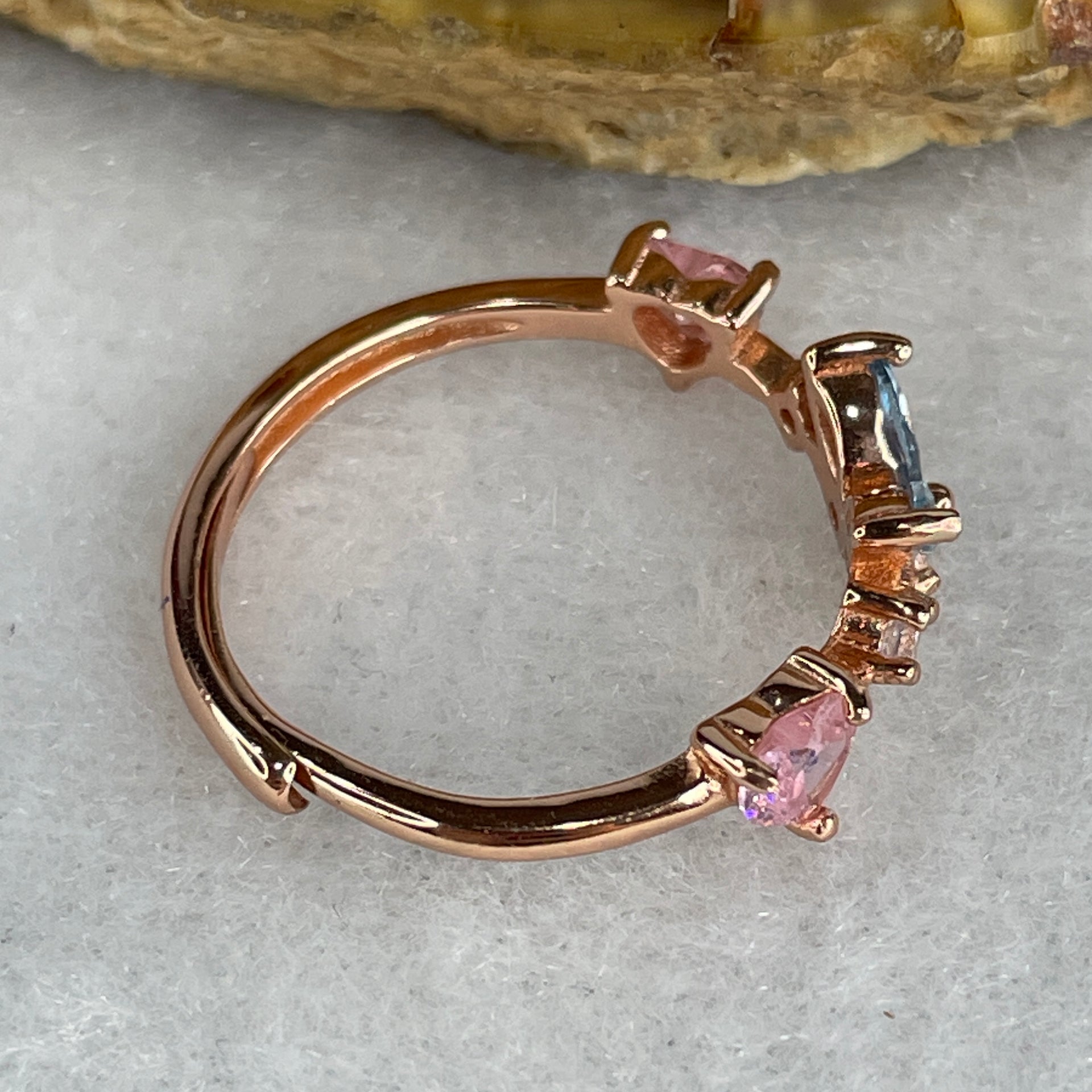 Natural-Pink-Kunzite-and-Blue-Topaz-with-Cubic-Zirconia-in-S925-Sliver-Gold-Color-Ring-1.63g-4.3-by-4.3-by-2.0mm-Pink-4.0-by-2.0-by-1.2-Blue-(Adjustable-Size)-Huangs-Jadeite-and-Jewelry-Pte-Ltd
