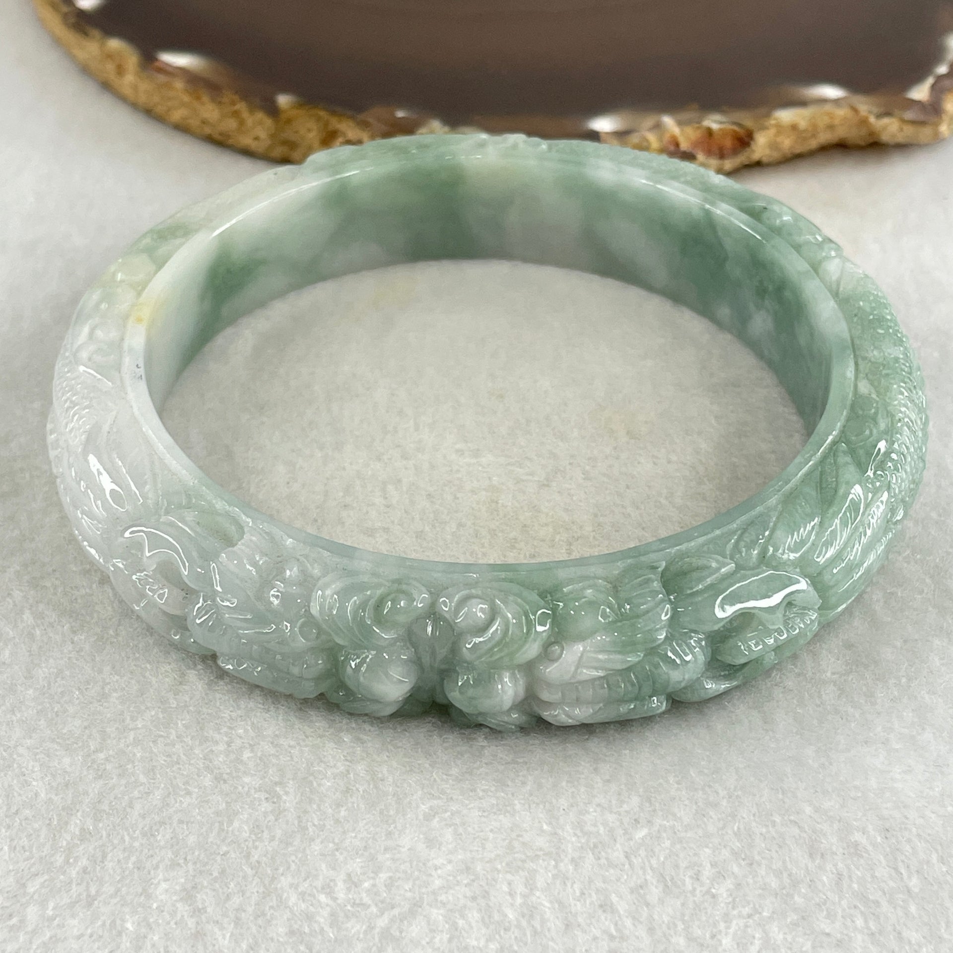 Type A Green with Light Green Piao Hua Jadeite Dragon Bangle Internal Diameter 73.7mm 117.72g 16.3 by 12.3mm (Internal Line) - Huangs Jadeite and Jewelry Pte Ltd