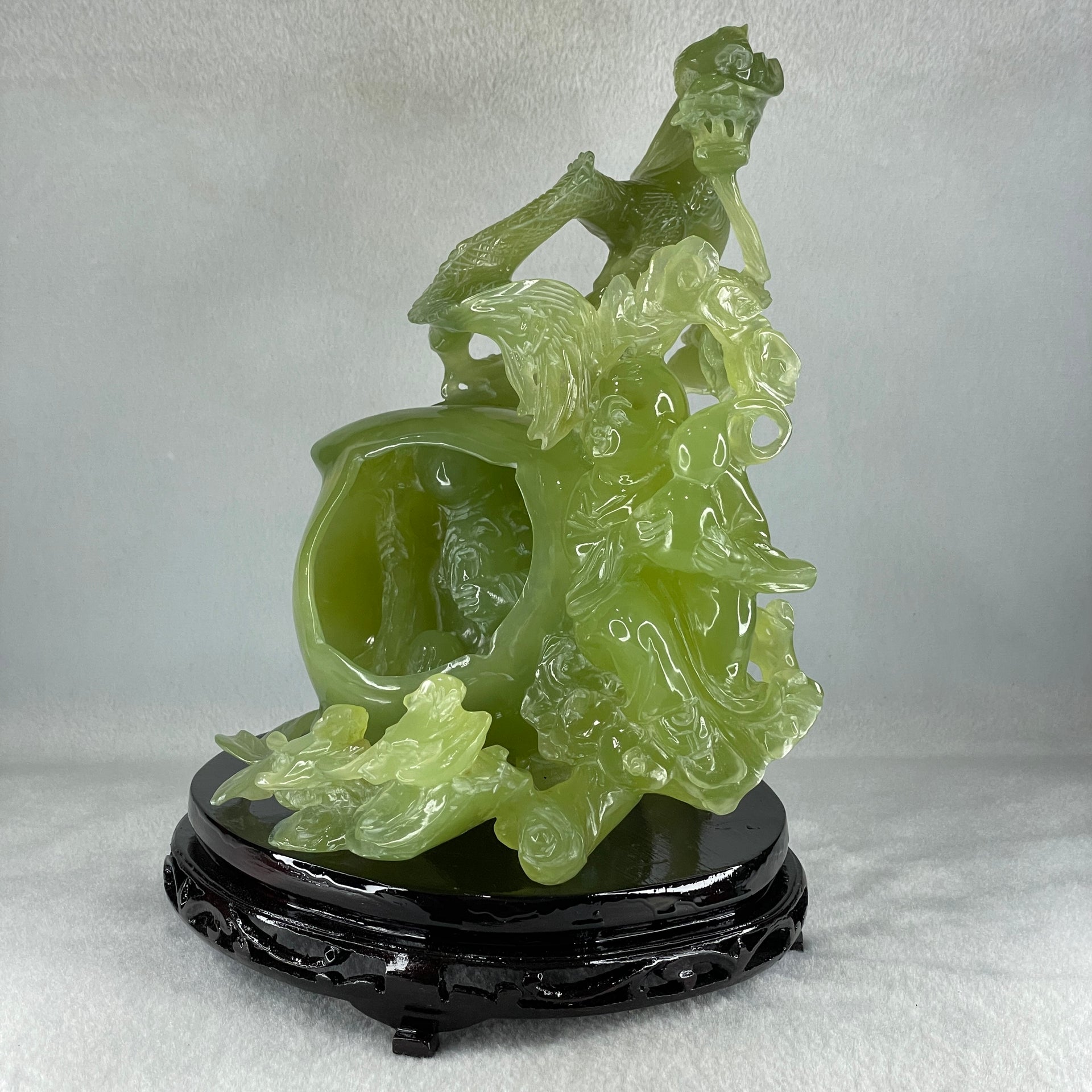 Natural Green Serpentine Dragon with Shou Xing Gong and Tong Zi with Wooden Stand Display 2610.6g 200.0 by 175.0 by 215.0mm - Huangs Jadeite and Jewelry Pte Ltd