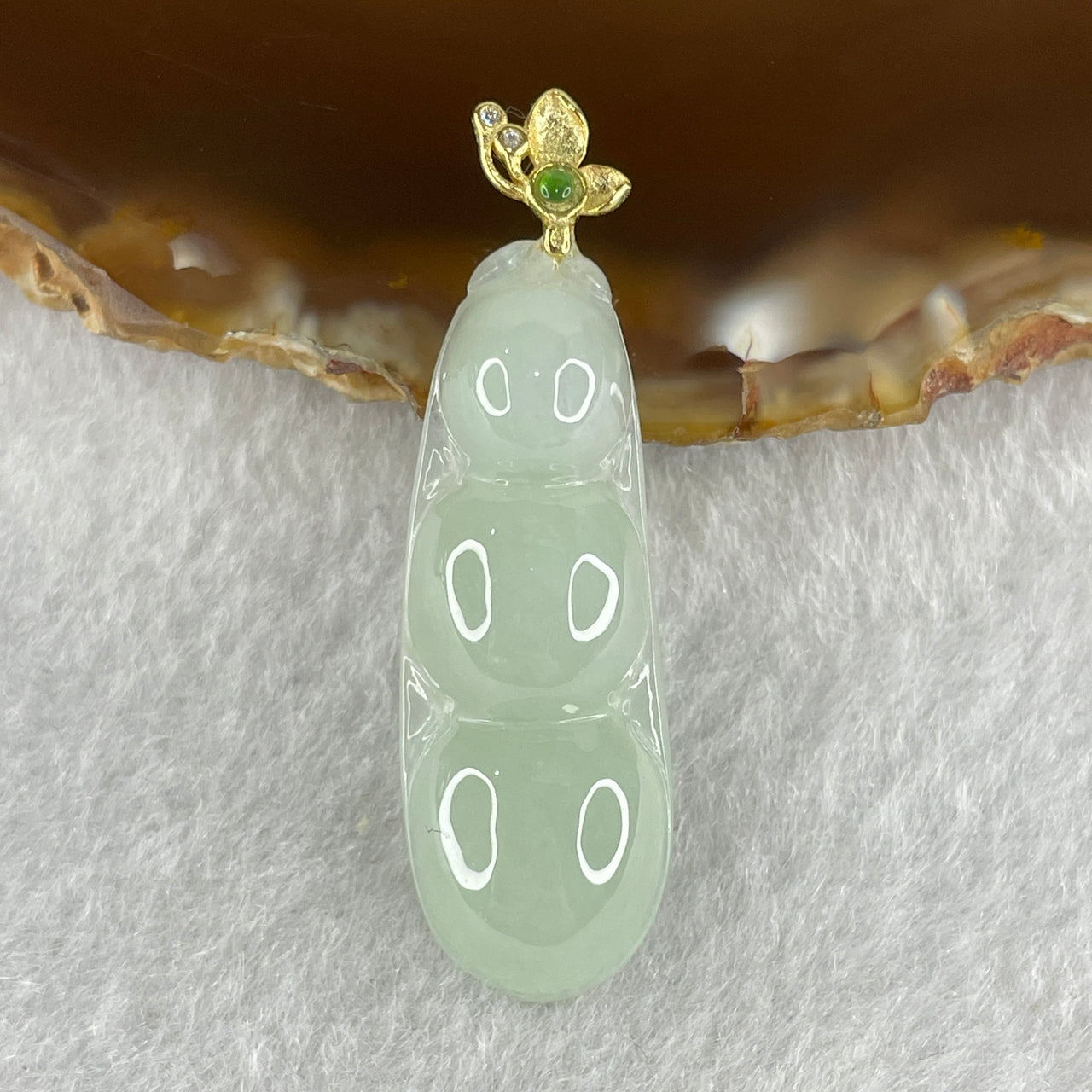 Certified Natural Type A Light Green Jadeite Peapod Pendant in S925 Gold Color Silver Clasp 4.314g 34.7 by 12.3 by 5.9mm