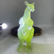 Natural Green Serpentine Kangaroo with Baby with Wooden Stand Display 382.2g 119.5 by 63.0 by 159.0mm - Huangs Jadeite and Jewelry Pte Ltd