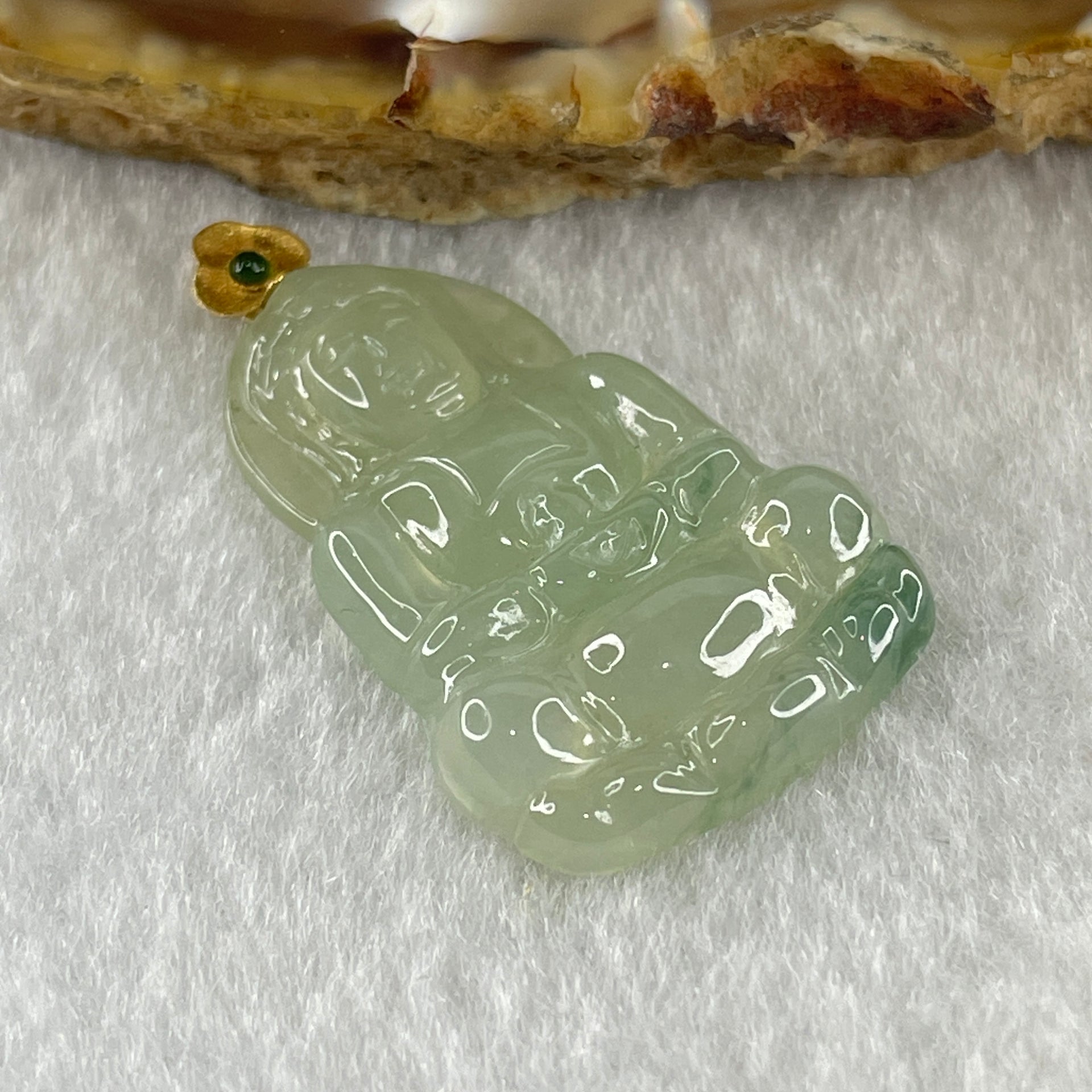 18K 750 Yellow Gold Type A Natural Icy Light Green with Blueish Green Piao Hua Flora Jadeite Guan Yin Pendant 3.58g 27.3 by 19.1 by 3.8mm - Huangs Jadeite and Jewelry Pte Ltd
