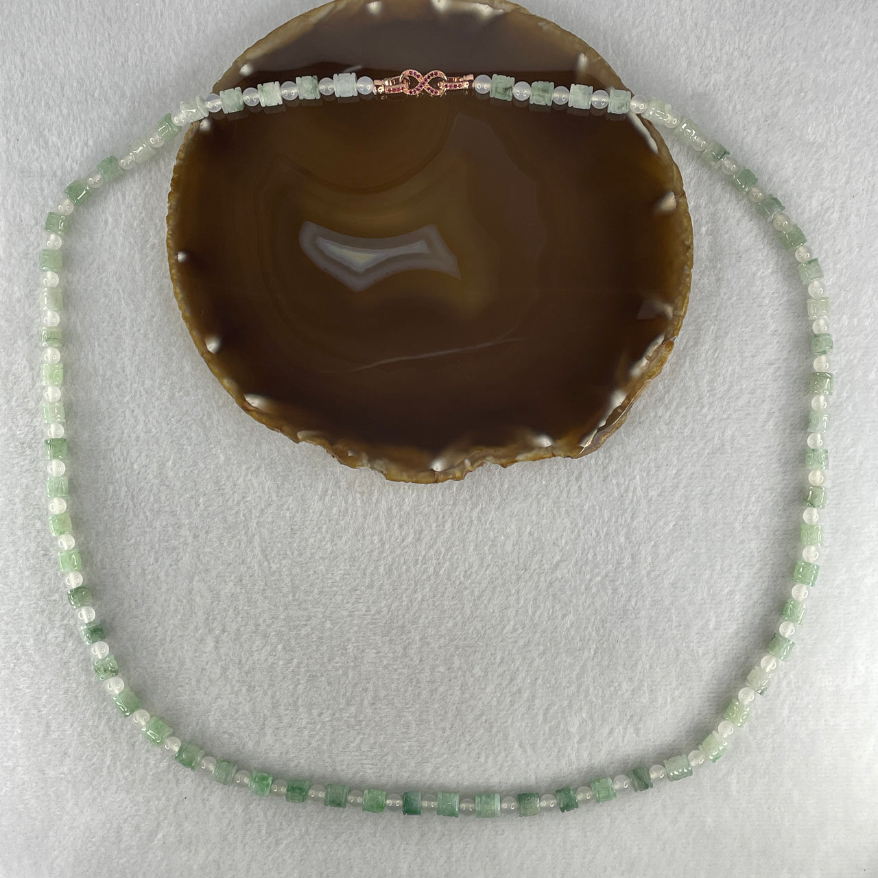 Certified Natural Type A Light Green Jadeite Lulutong Beads with Natural White Agate Beads Necklace 55.36g 74cm 6.6mm 62 Lulutong