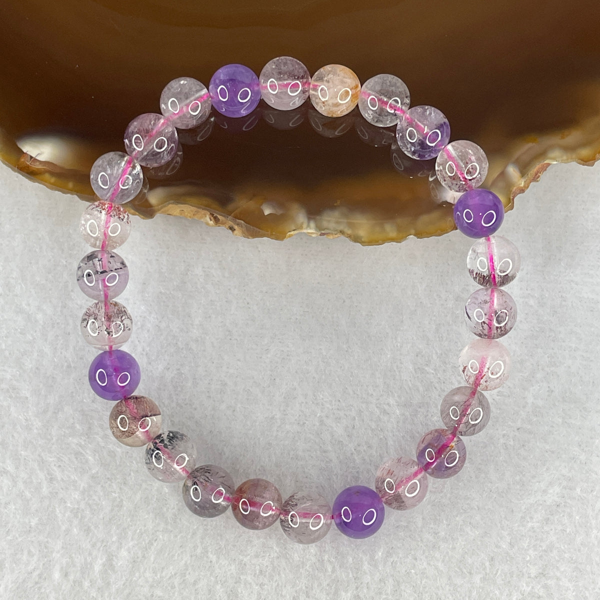 Certified Above Average Grade Natural Super 7 Crystal Beads Bracelet | 7.3mm Dainty Sacred 7-Mineral Synergy Power (13.28g | 15.5cm Wrist Sizing | 26 Beads)