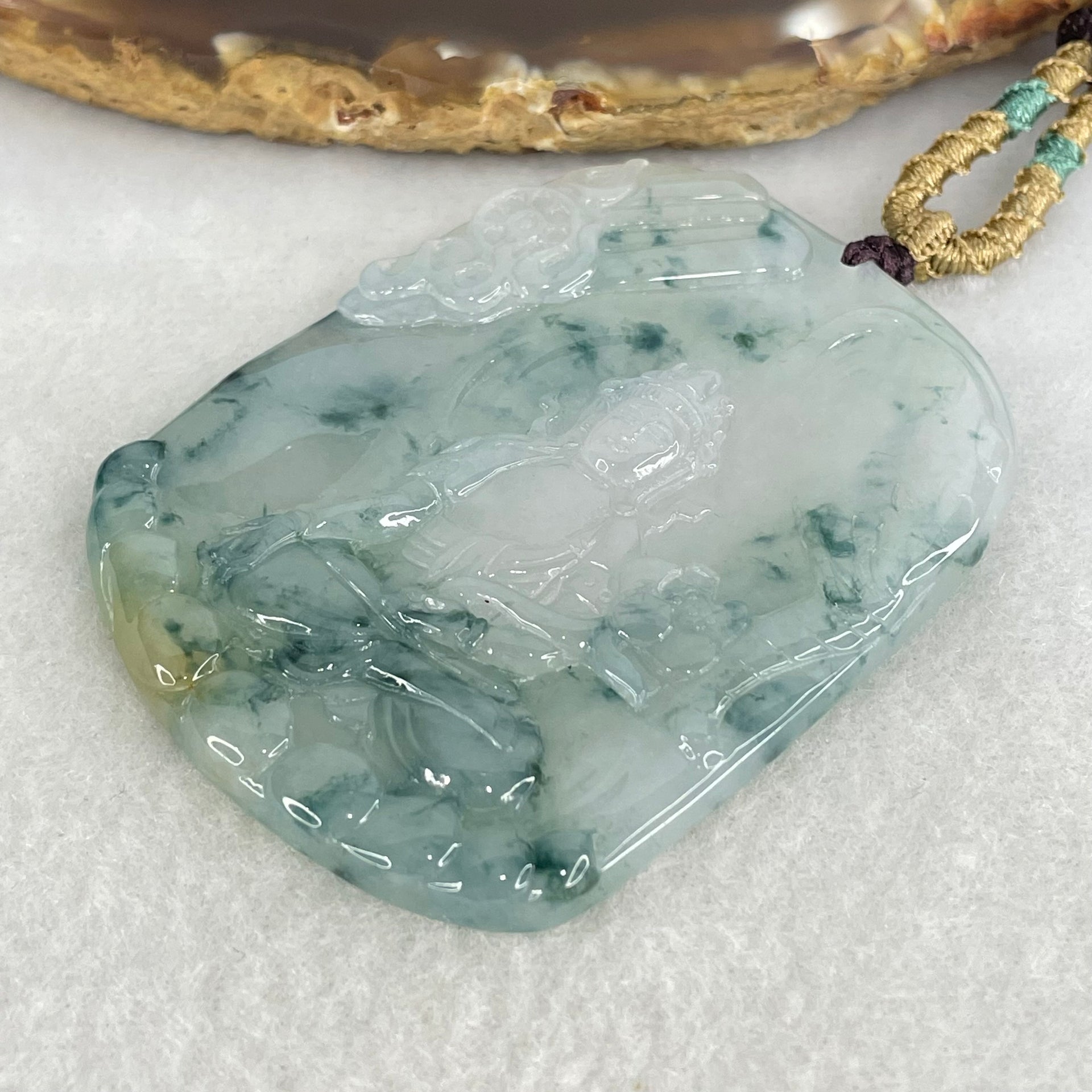 Type A Semi Icy Green with Lavender and Yellow and Blueish Green Piao Hua Jadeite Pendant 32.98g 59 by 46 by 5mm - Huangs Jadeite and Jewelry Pte Ltd