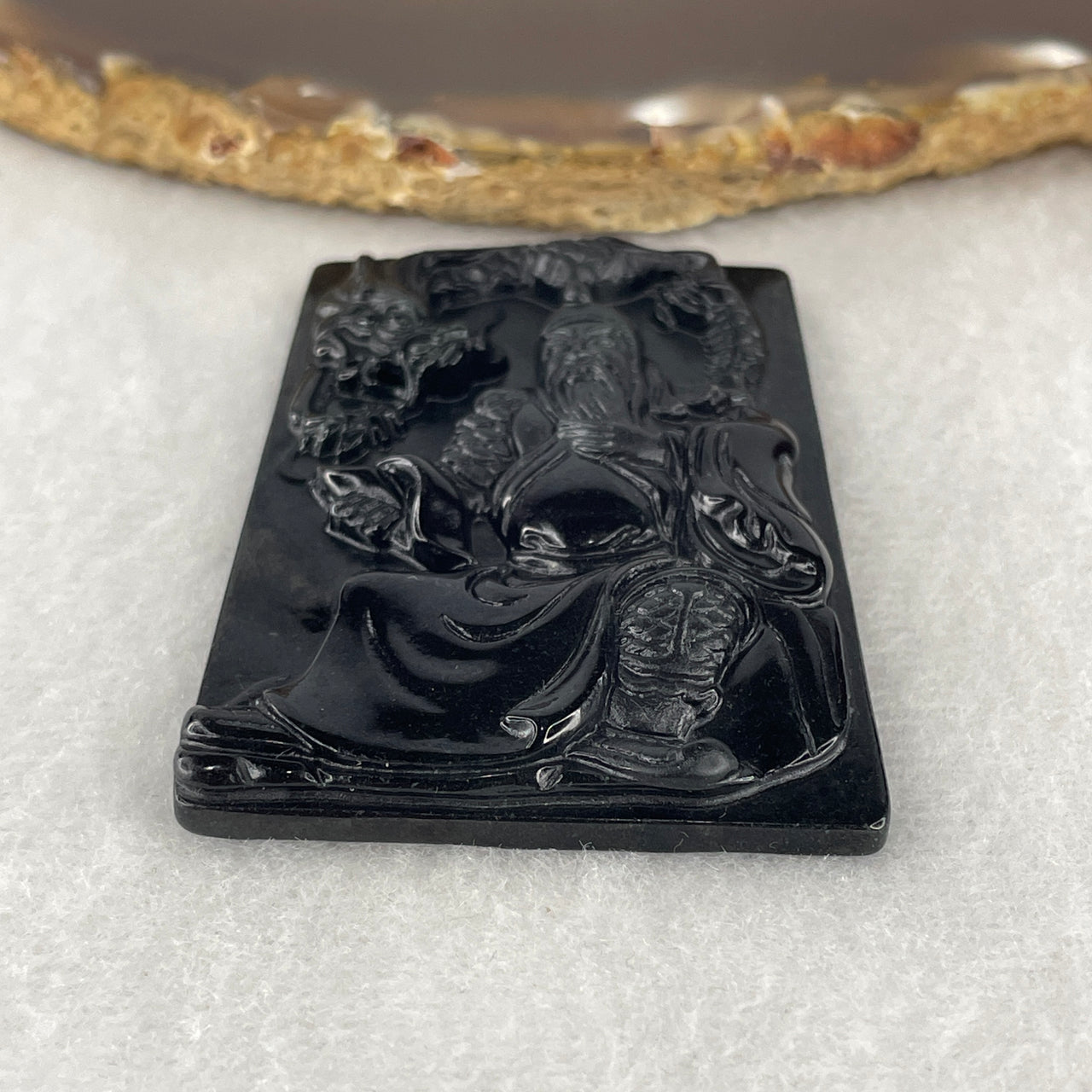 Certified Natural Type A Black Omphacite Jadeite God of Literature Guan Gong with Dragon Pendant 24.16g 56.3 by 41.6 by 7.0mm