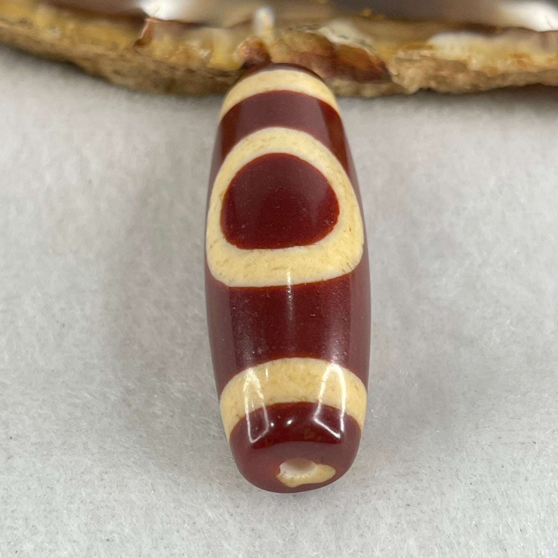 Natural Powerful Tibetan Old Oily Red White Agate One Eye Gold Metal Element Dzi Bead Heavenly Master (Tian Zhu) 一眼金天珠 10.23g 37.9 by 13.3mm - Huangs Jadeite and Jewelry Pte Ltd