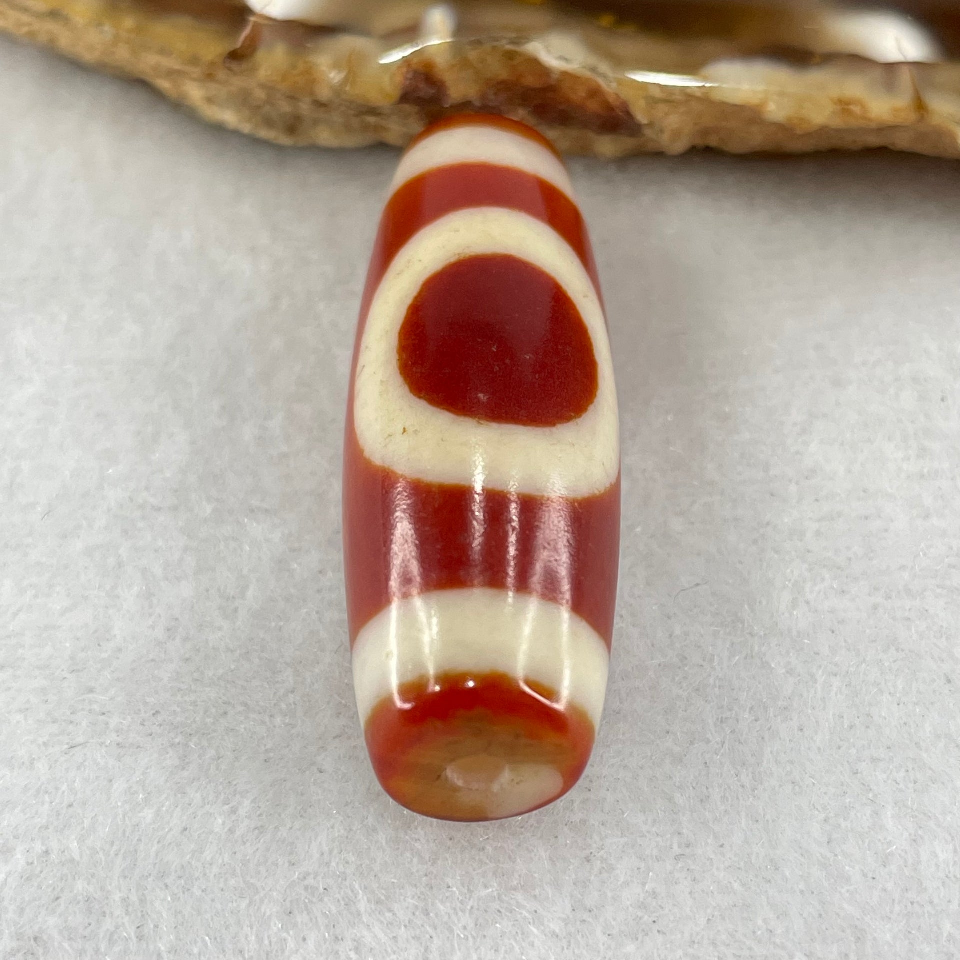 Natural Powerful Tibetan Old Oily Red White Agate One Eye Fire Sign Dzi Bead Heavenly Master (Tian Zhu) 一眼火天珠 10.81g 38.4 by 13.4mm - Huangs Jadeite and Jewelry Pte Ltd