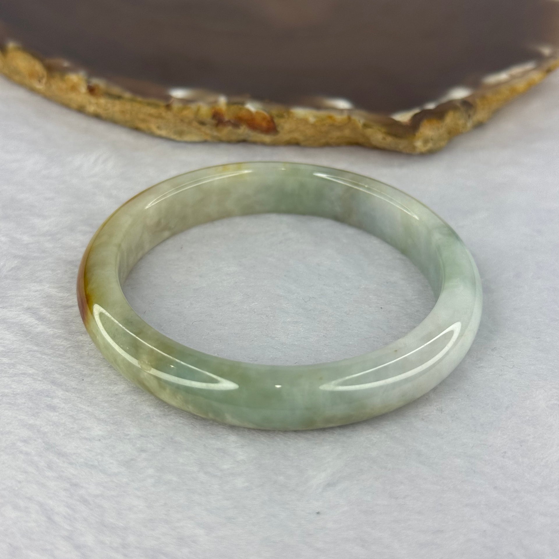Type A Green with Piao Hua and Brown Patches Bangle 36.73g 10.2 by 7.4 mm Internal Diameter 53.4 mm (External Line) - Huangs Jadeite and Jewelry Pte Ltd