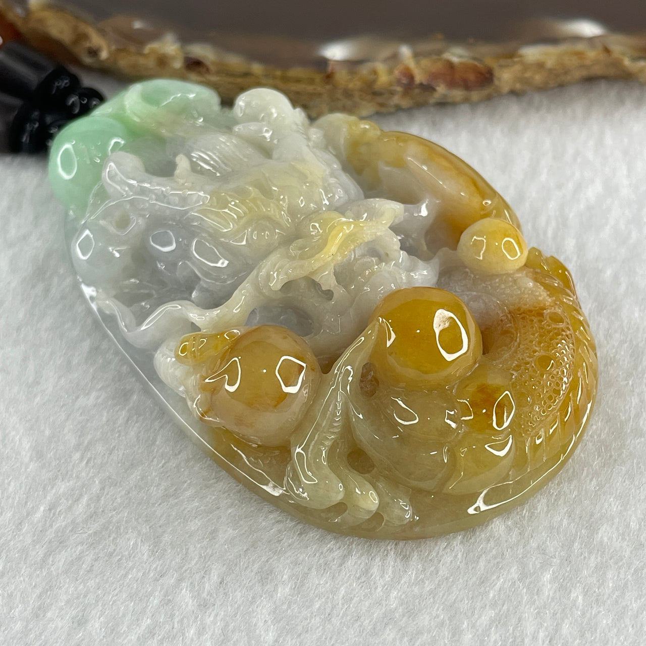 Natural Type A Yellow with Light Lavender and Light Green Jadeite Dragon and Ruyi Pendant 117.74g 72.6 by 45.6 by 19.8mm