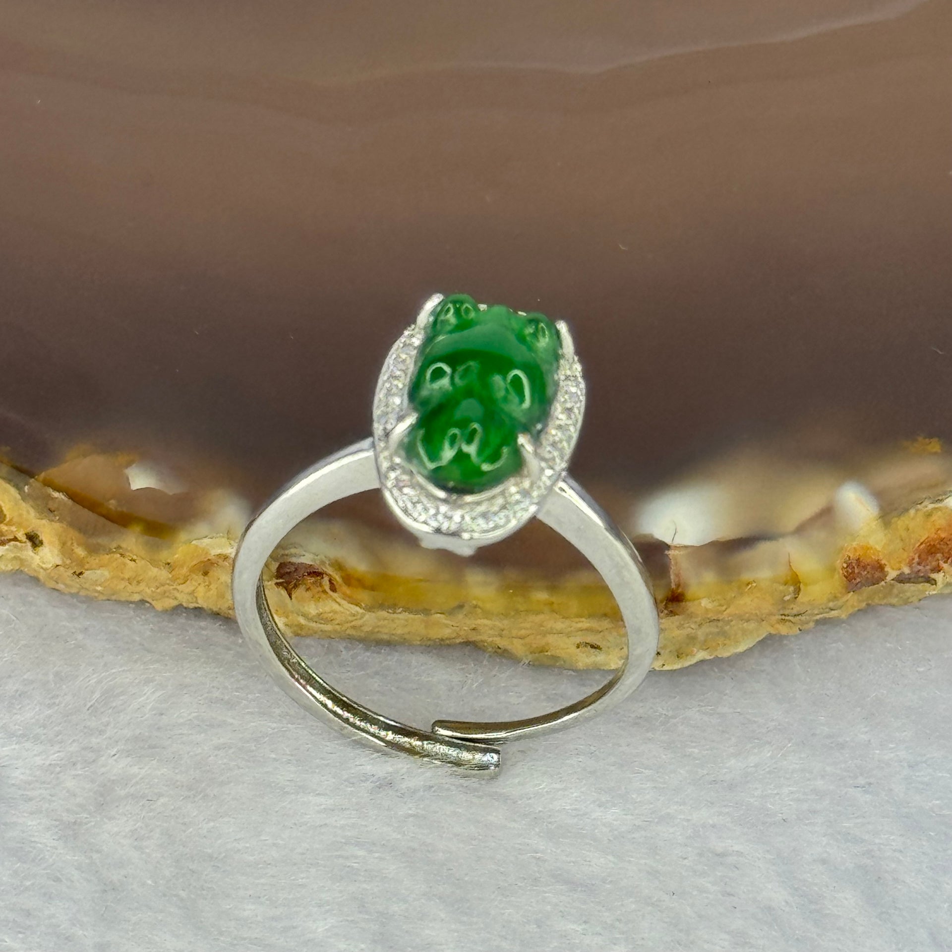 Type A Icy Green Omphasite Jadeite Gold Fish with Crystals in S925 Sliver Ring (Adjustable Size) 2.55g 10.7 by 7.1 by 3.0mm - Huangs Jadeite and Jewelry Pte Ltd