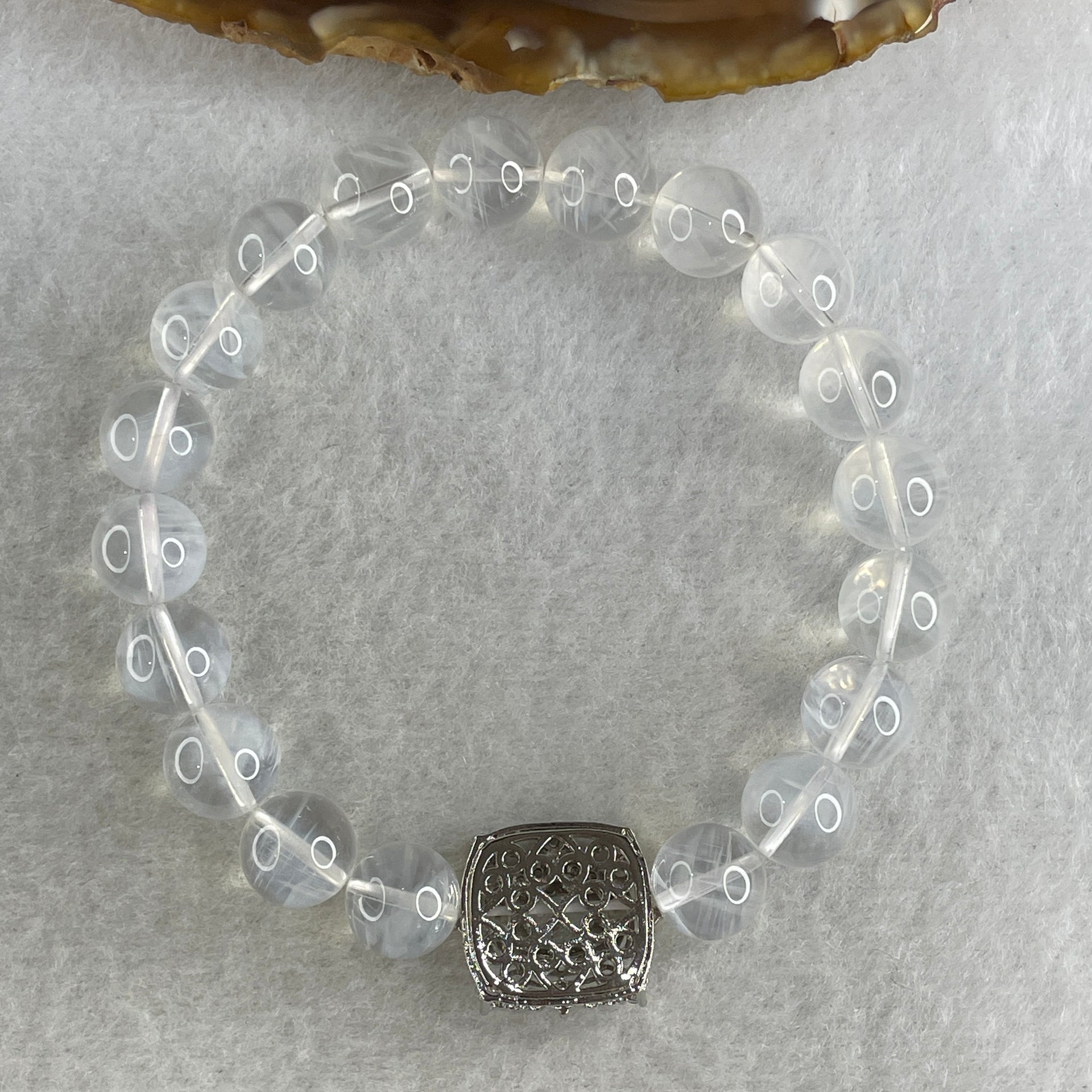 Good Grade Natural White Phantom Quartz Beads Bracelet with Charm 26.36g 16.5cm 9.7mm 19 Beads - 9.1 by 8.1 by 2.0mm Charm - Huangs Jadeite and Jewelry Pte Ltd
