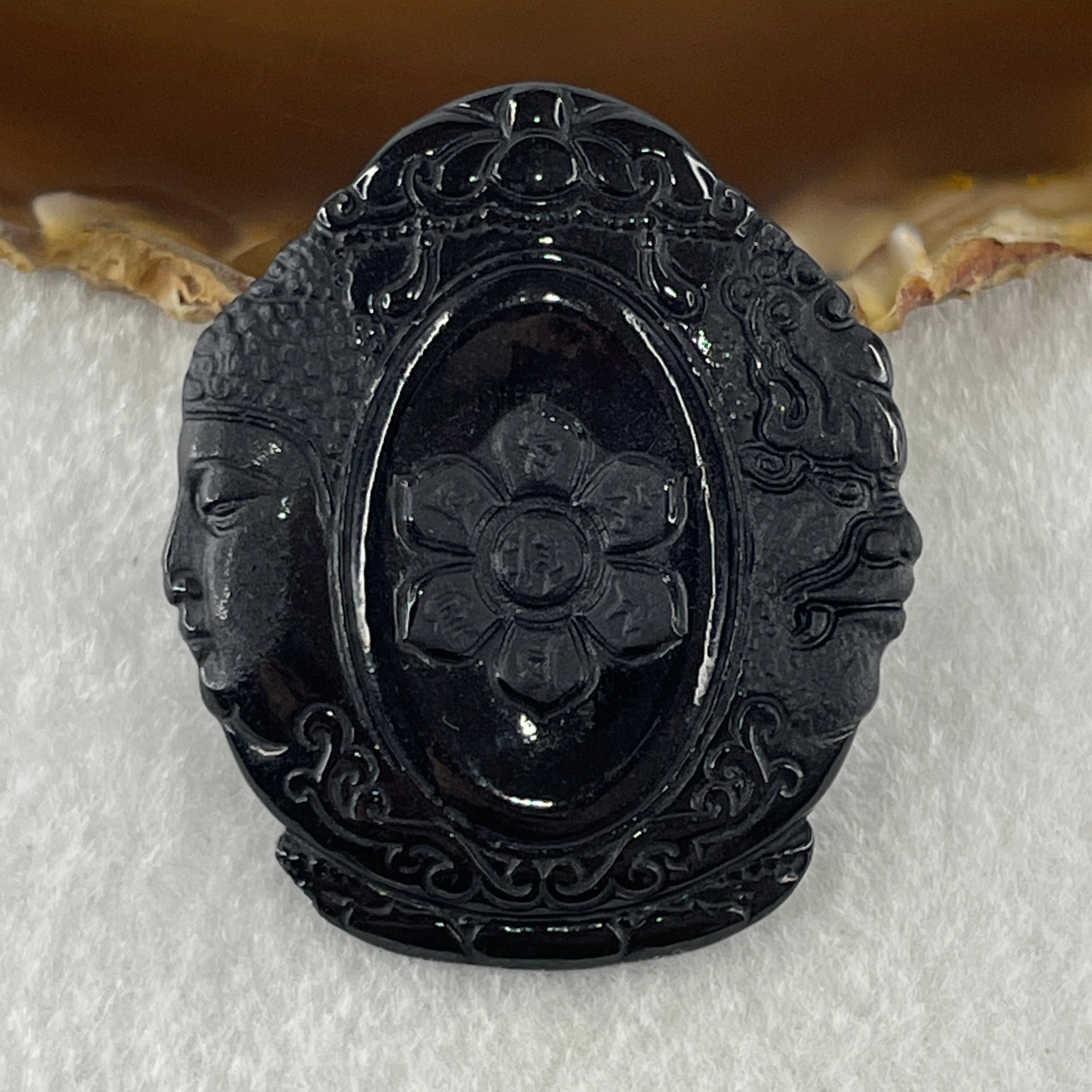 Type A Opaque Black Omphacite Jadeite Good Vs Evil Om Mani Padme Hum Pendant 33.00g 50.8 by 43.2 by 8.0mm - Huangs Jadeite and Jewelry Pte Ltd