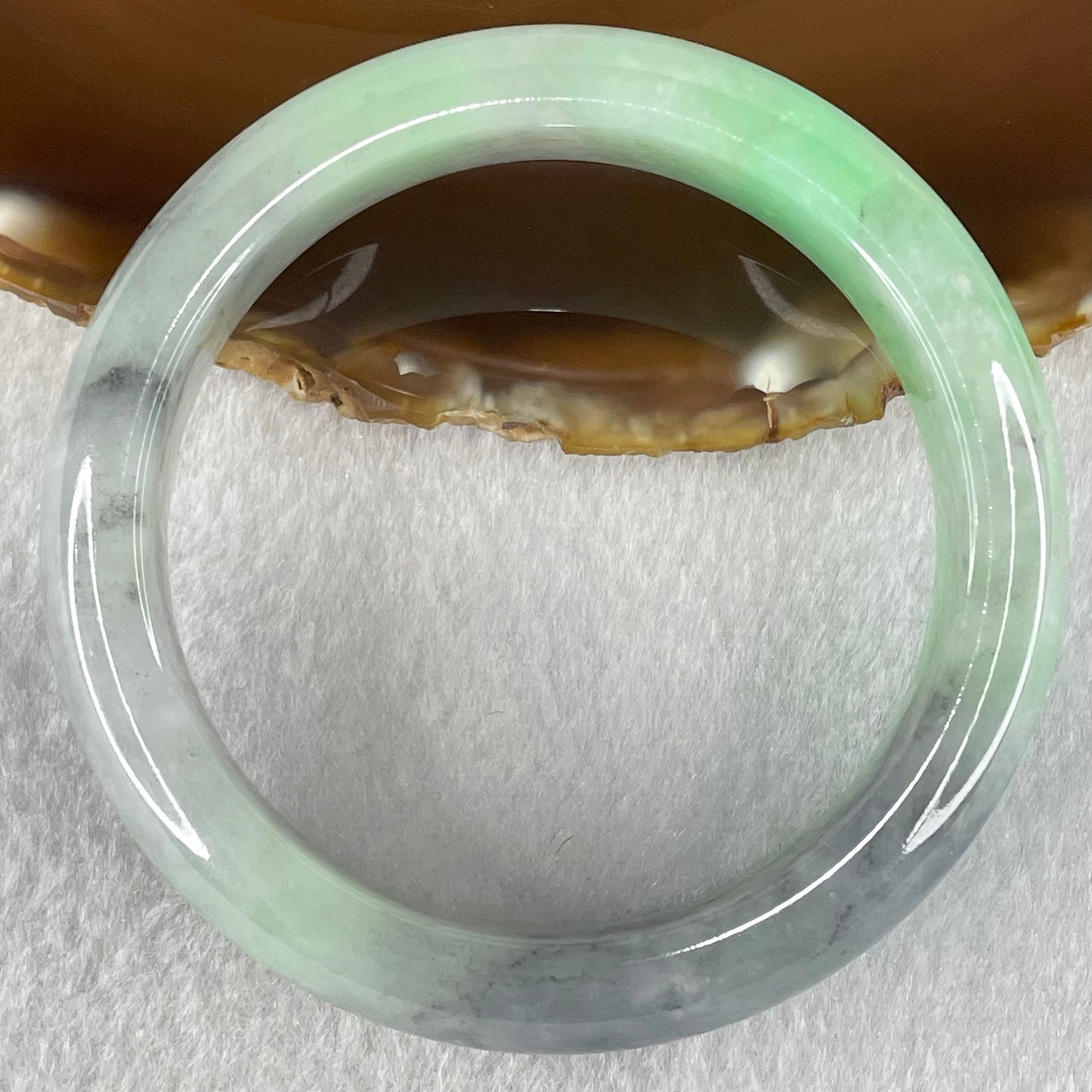 Type A Bright Green with Wuji Grey Black Patches Jadeite Bangle 58.90g Internal Diameter 54.7mm 13.3 by 8.5mm (Fine Internal Lines) - Huangs Jadeite and Jewelry Pte Ltd