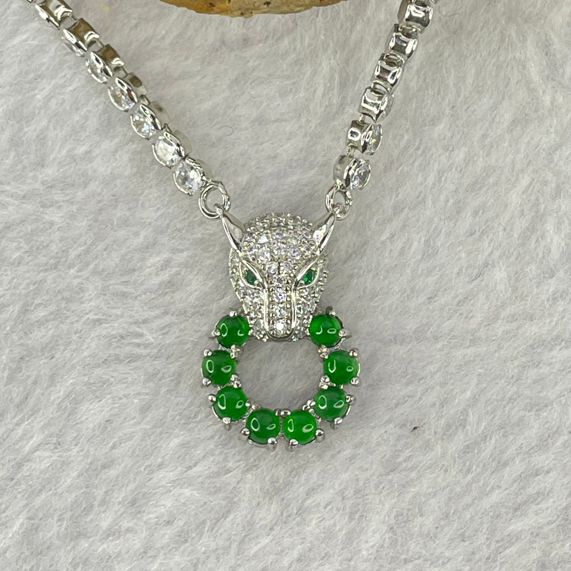 Type A Icy Green Omphasite Jadeite Panther with Crystals in S925 Crystals Necklace 13.38g 3.3 by 1.5mm 8pcs - Huangs Jadeite and Jewelry Pte Ltd
