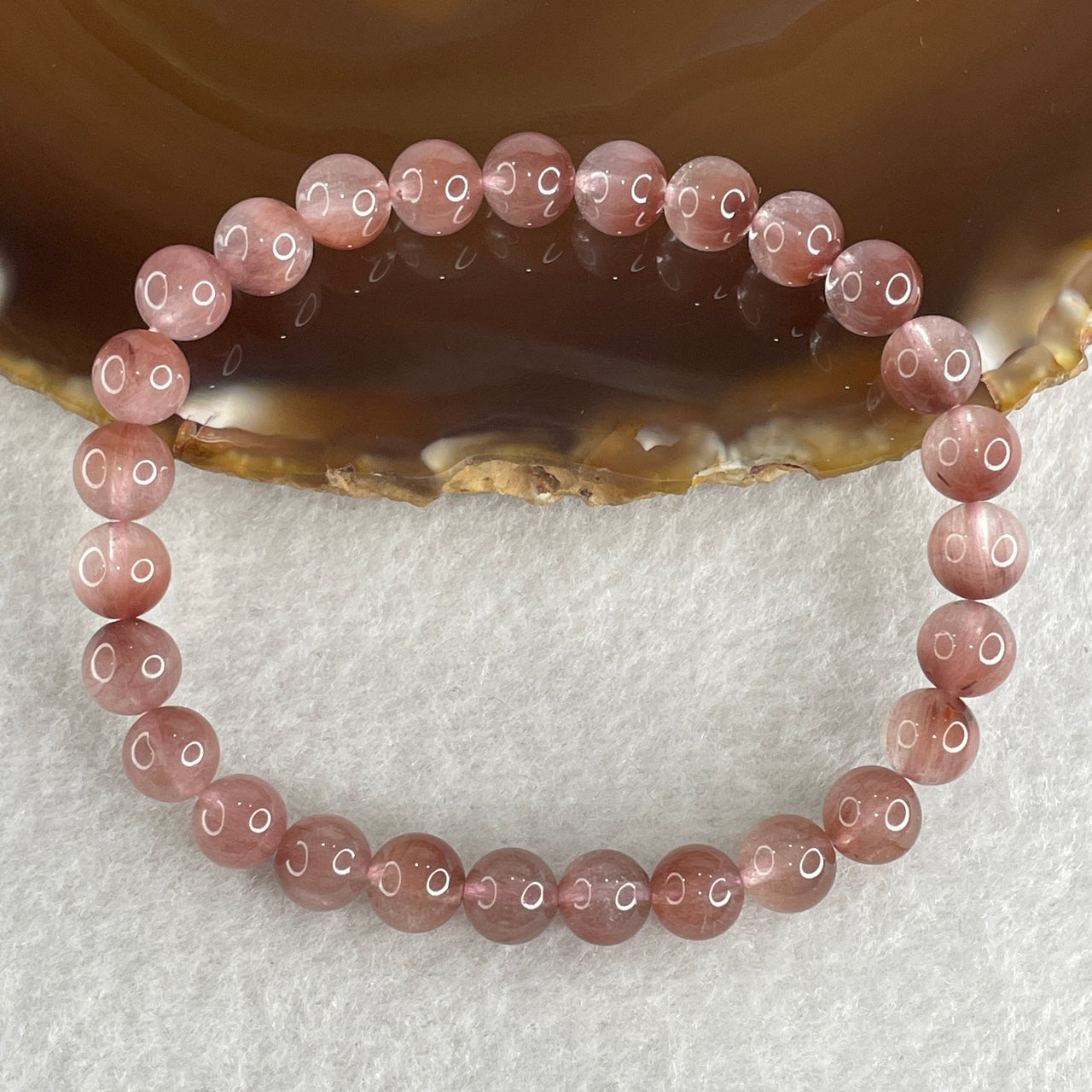 Natural Pinky Rabbit Hair Rutilated Quartz Beads Bracelet 13.81g 16.5cm 7.3mm 27 Beads - Huangs Jadeite and Jewelry Pte Ltd