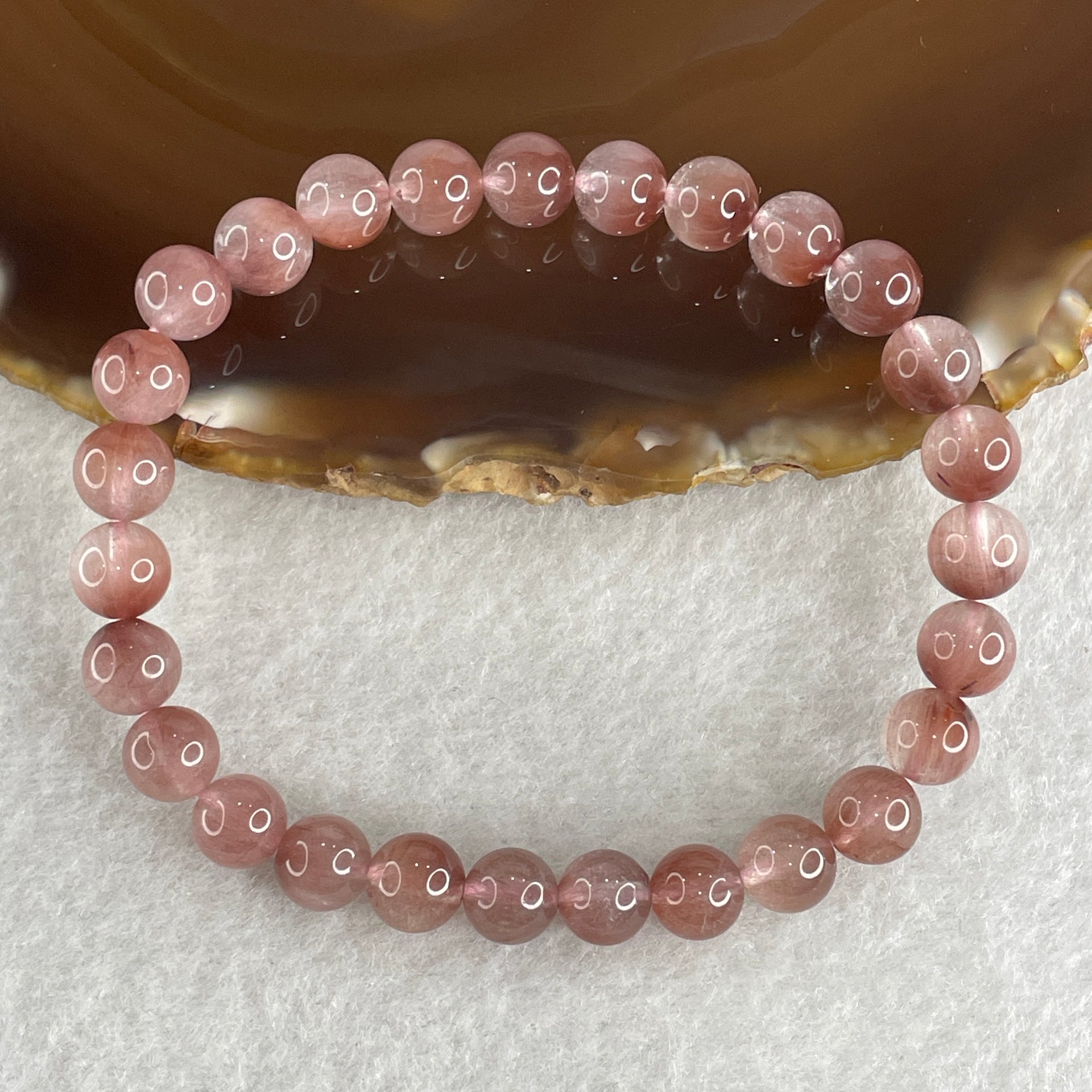 Natural Pinky Rabbit Hair Rutilated Quartz Beads Bracelet 13.81g 16.5cm 7.3mm 27 Beads - Huangs Jadeite and Jewelry Pte Ltd