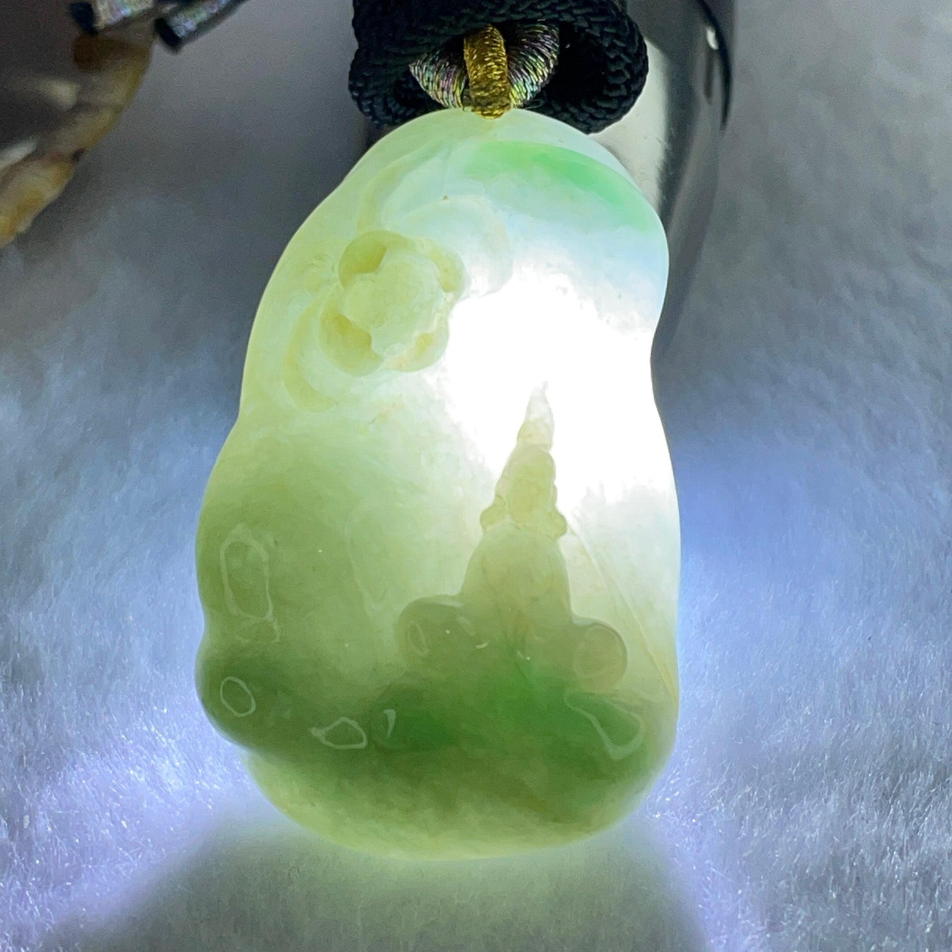 Type A Green and Lavender Jadeite Benefactor and Flower Pendant 34.80g 46.9 by 28.7 by 13.4mm - Huangs Jadeite and Jewelry Pte Ltd