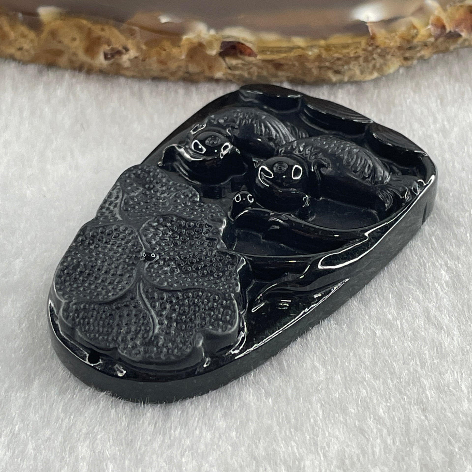 Type A Opaque to Partial Translucent Black Omphacite Jadeite Mandarin Ducks Pair and Lotus Leaf Pendant 20.70g 51.7 by 33.7 by 8.6mm - Huangs Jadeite and Jewelry Pte Ltd