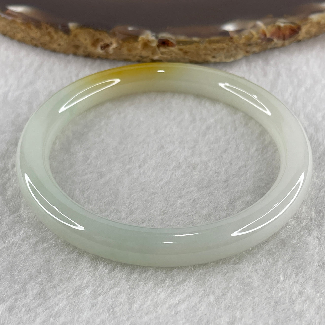 Certified Type A White to Faint Green with Yellowish Spot Jadeite Bangle Internal Diameter 53.1mm 53.18g 7.6 by 7.6m ( Close to Perfect )