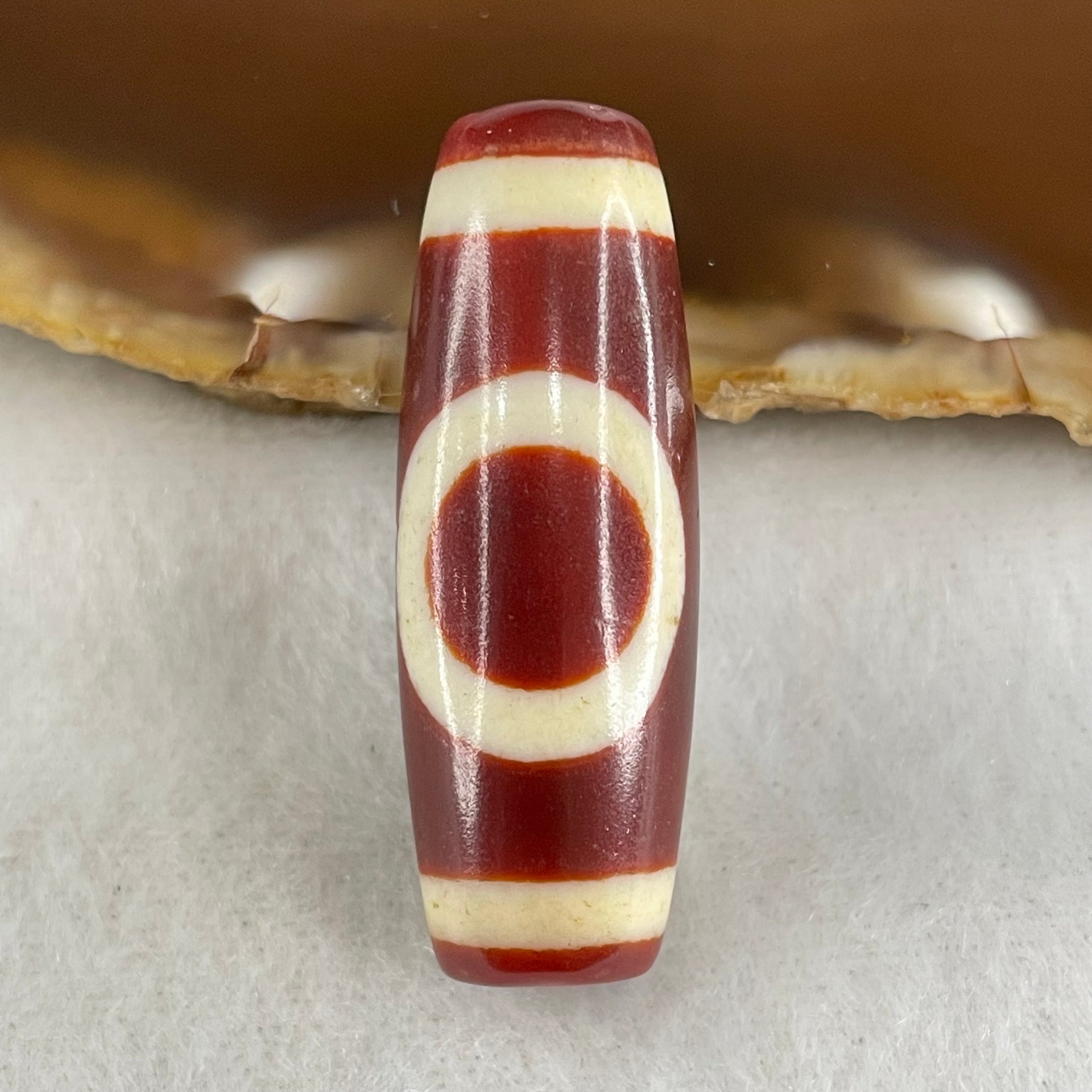 Natural Powerful Tibetan Old Oily Red White Agate One Eye Gold Metal Element Dzi Bead Heavenly Master (Tian Zhu) 一眼金天珠 10.48g 37.6 by 13.2mm - Huangs Jadeite and Jewelry Pte Ltd