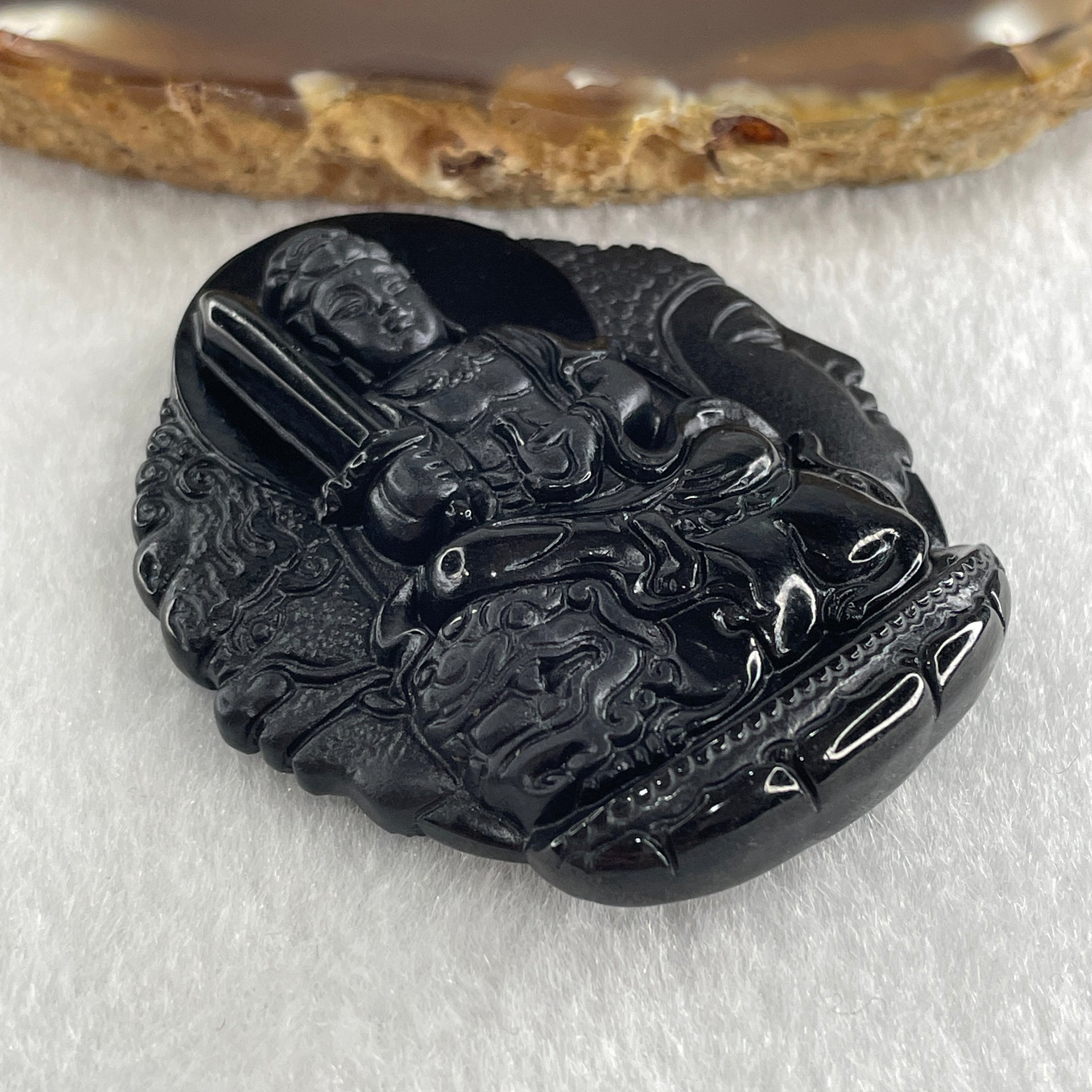 Type A Opaque Black Omphacite Jadeite Good Vs Evil Manjushri Bodhisattva Pendant Rabbit Zodiac Guardian 35.89g 51.2 by 44.3 by 10.0mm - Huangs Jadeite and Jewelry Pte Ltd