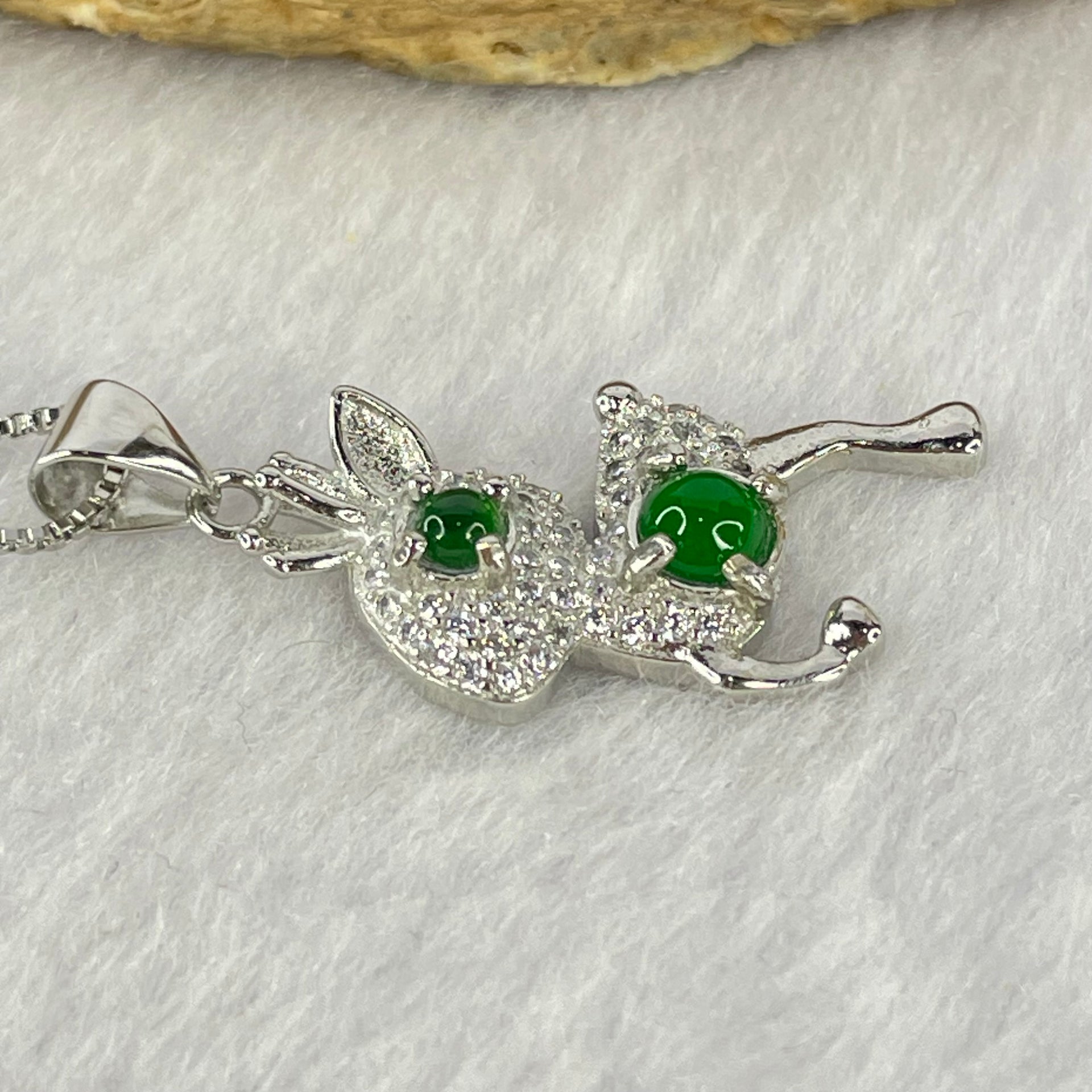 Type A Icy Green Omphasite Jadeite Cabochons in Sliver Deer Pendent Necklace 4.22g Middle Jadeite 4.3 by 1.5mm - Huangs Jadeite and Jewelry Pte Ltd