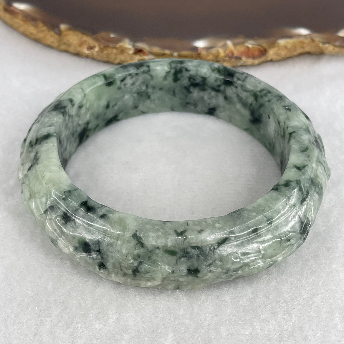 Natural Green with Dark Green Piao Hua Serpentine Carved Bangle | 56.5mm Inner Diameter (85.55g | 16.6×11.0mm |  Heart & Root Chakra Balance, Floating Floral Vitality & Protection Shield) (External Rough)