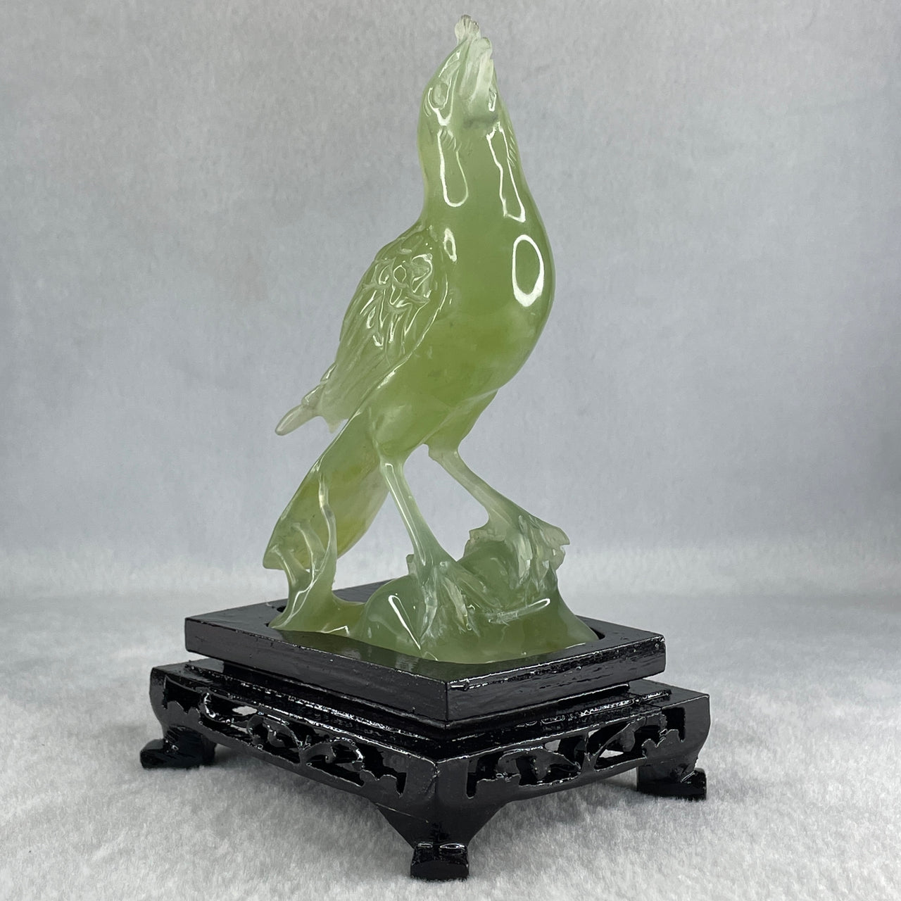 Natural Green Serpentine Javan Mynah Birds on Tree with Wooden Stand Display 291.4g 99.0 by 153.8 by 78.0mm - Huangs Jadeite and Jewelry Pte Ltd