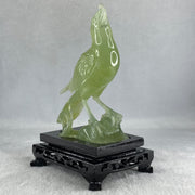 Natural Green Serpentine Javan Mynah Birds on Tree with Wooden Stand Display 291.4g 99.0 by 153.8 by 78.0mm - Huangs Jadeite and Jewelry Pte Ltd