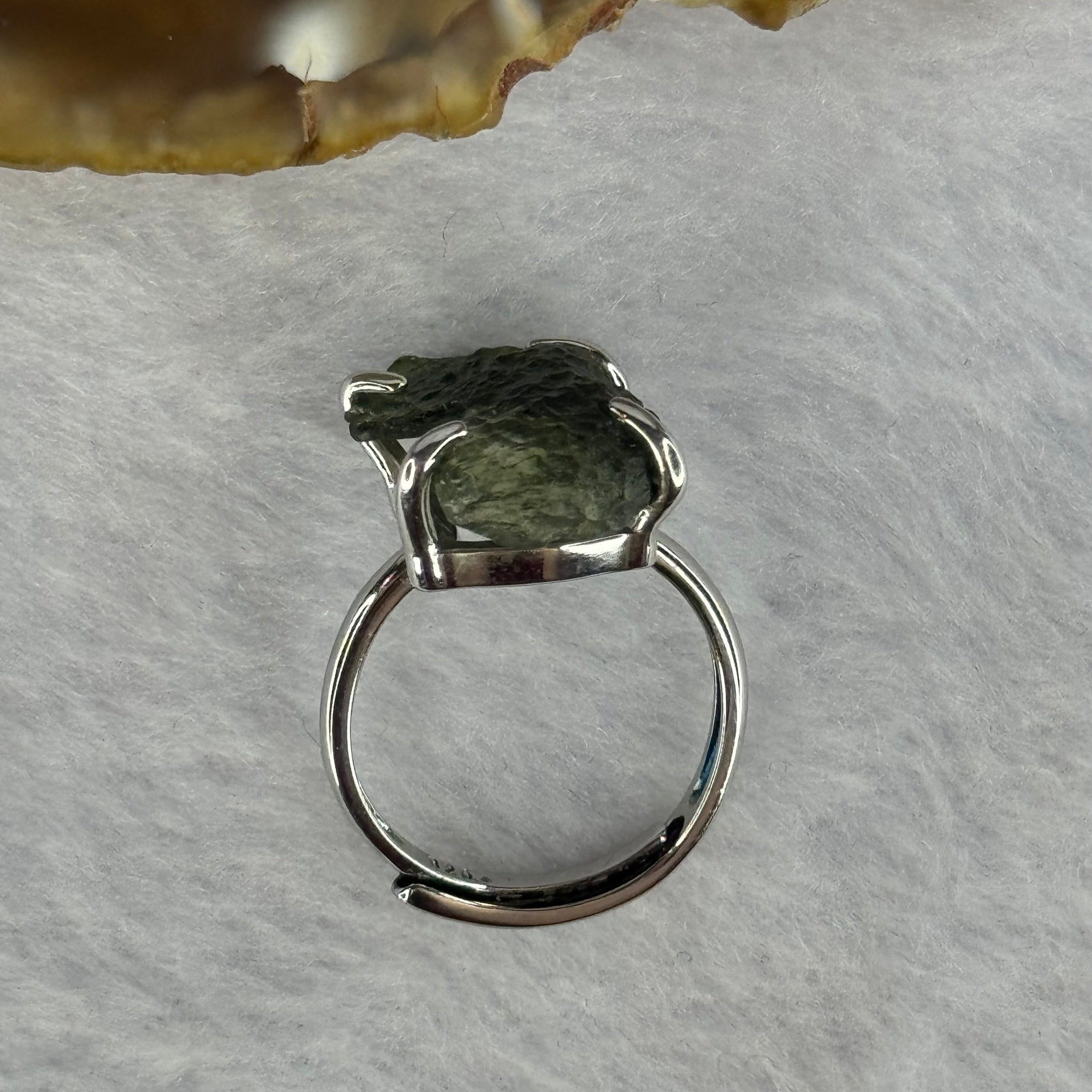 Natural Czech Republic Moldavite Meteorite Crystal in S925 Sliver Ring (Adjustable Size) 天然捷克陨石925银戒指 3.81g 18.3 by 12.9 by 4.5mm - Huangs Jadeite and Jewelry Pte Ltd
